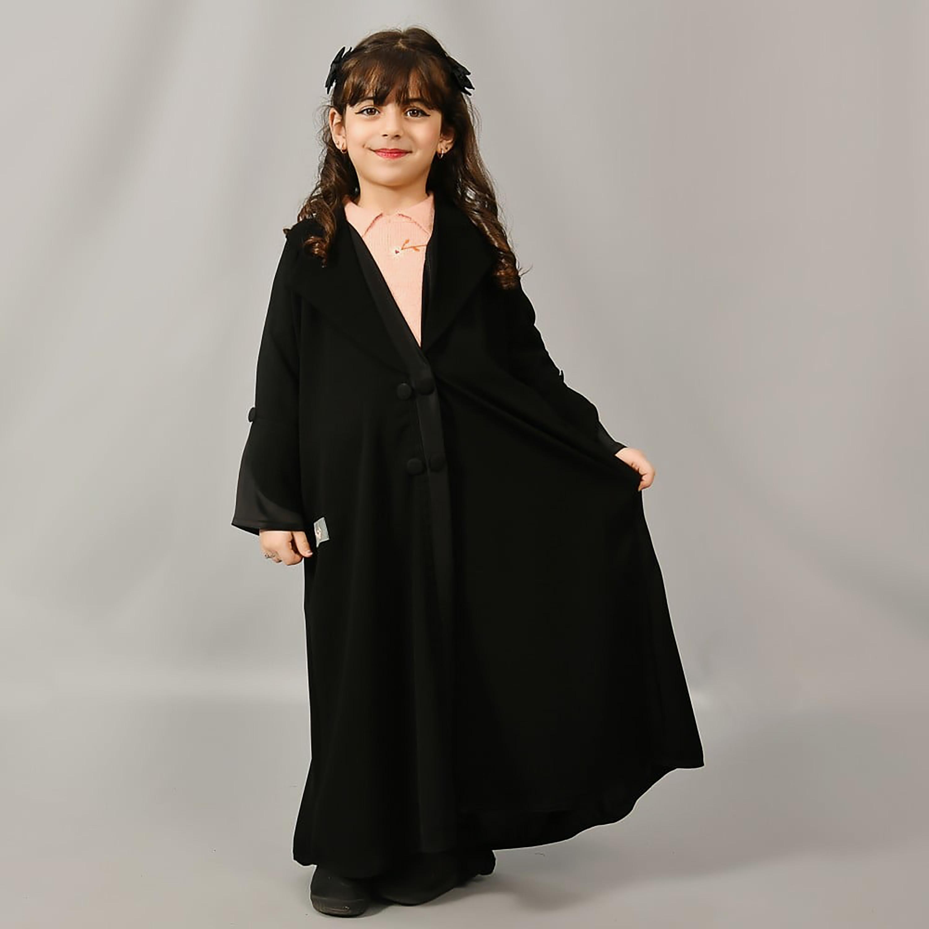 Hawraa Black Linen Girl's Abaya-girls-arabicclothing-abayas-image-1