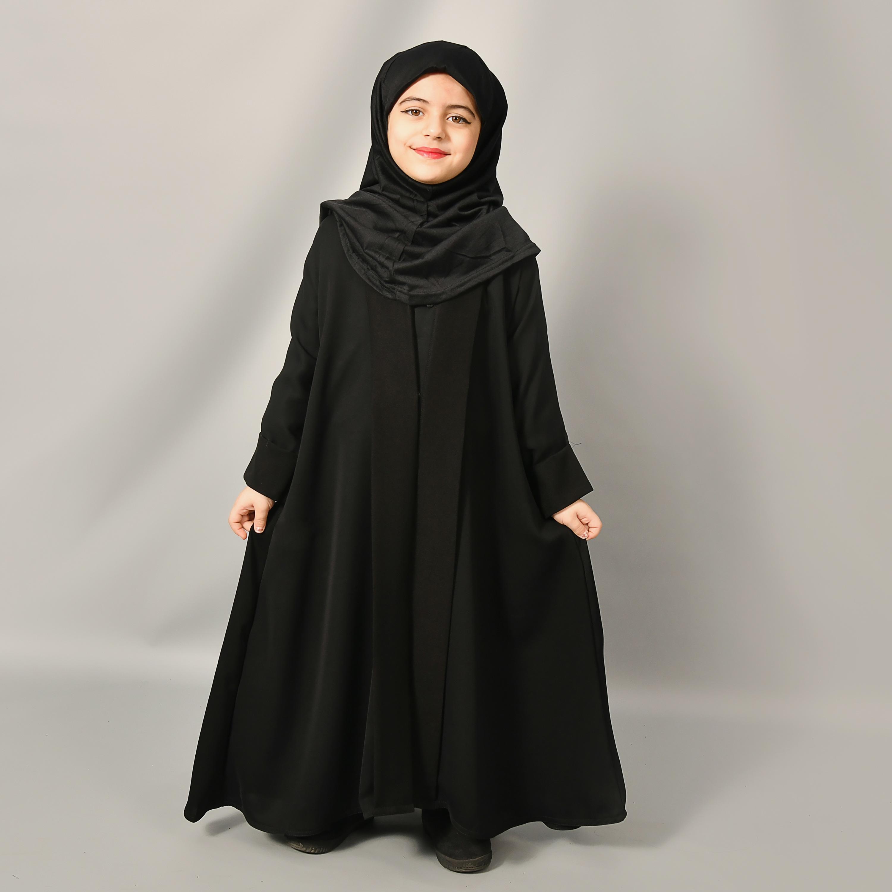 Hawraa Black Linen Girl's Abaya with Hijab-girls-arabicclothing-abayas-image-1