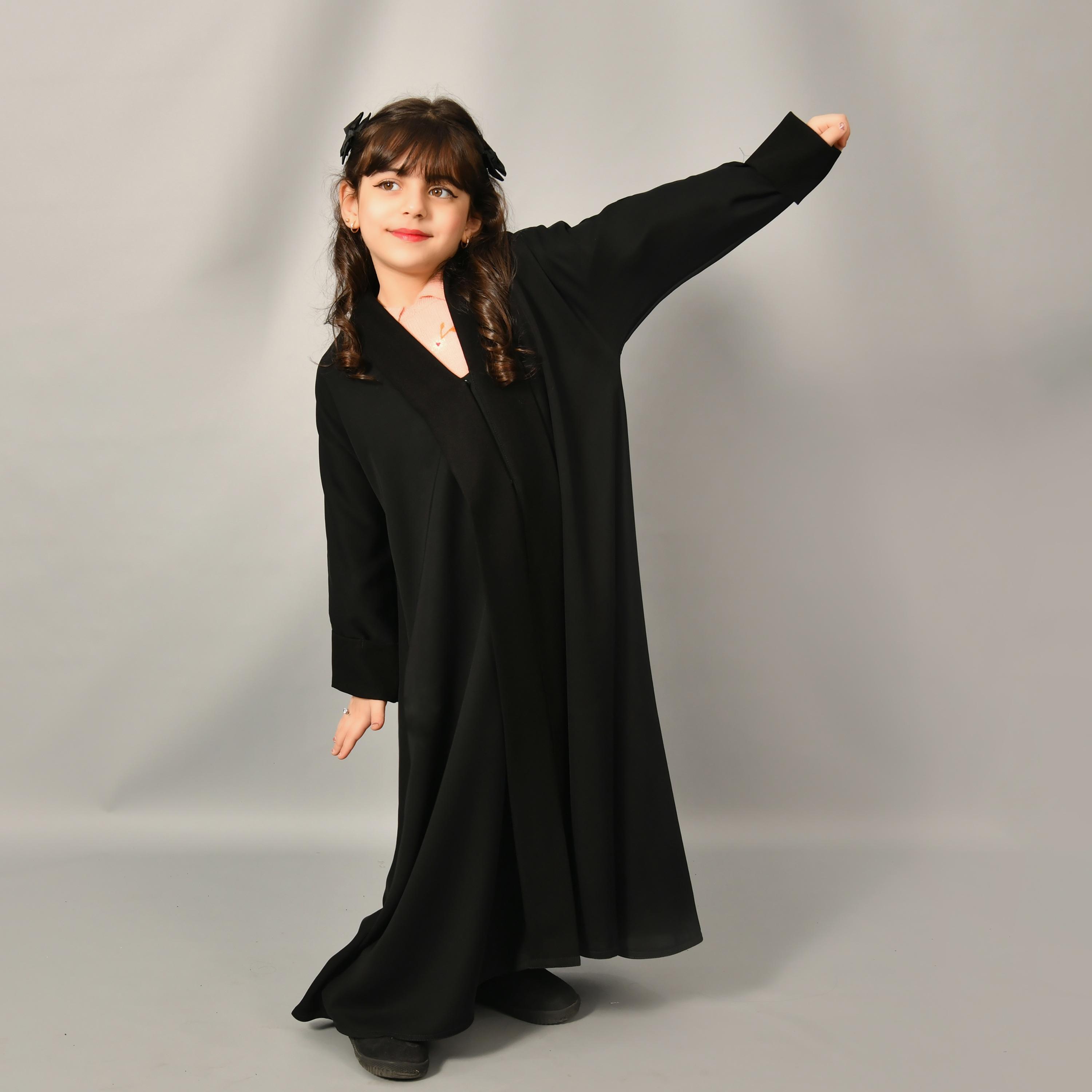 Hawraa Black Linen Girl's Abaya with Hijab-girls-arabicclothing-abayas-image-4