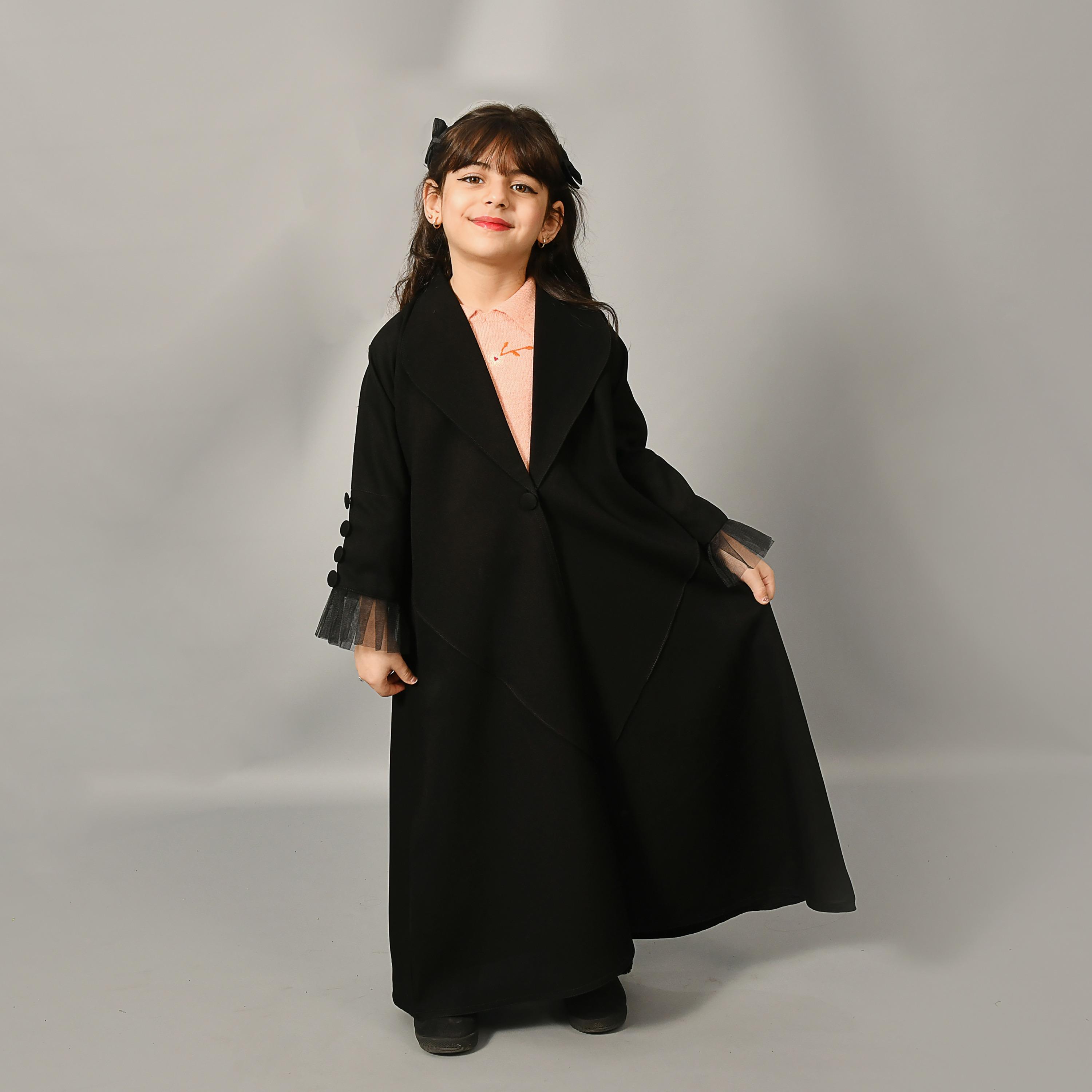 Hawraa Black Lapel Collar Mesh Detailed Sleeves Linen Girl's Abaya-girls-arabicclothing-abayas-image-1
