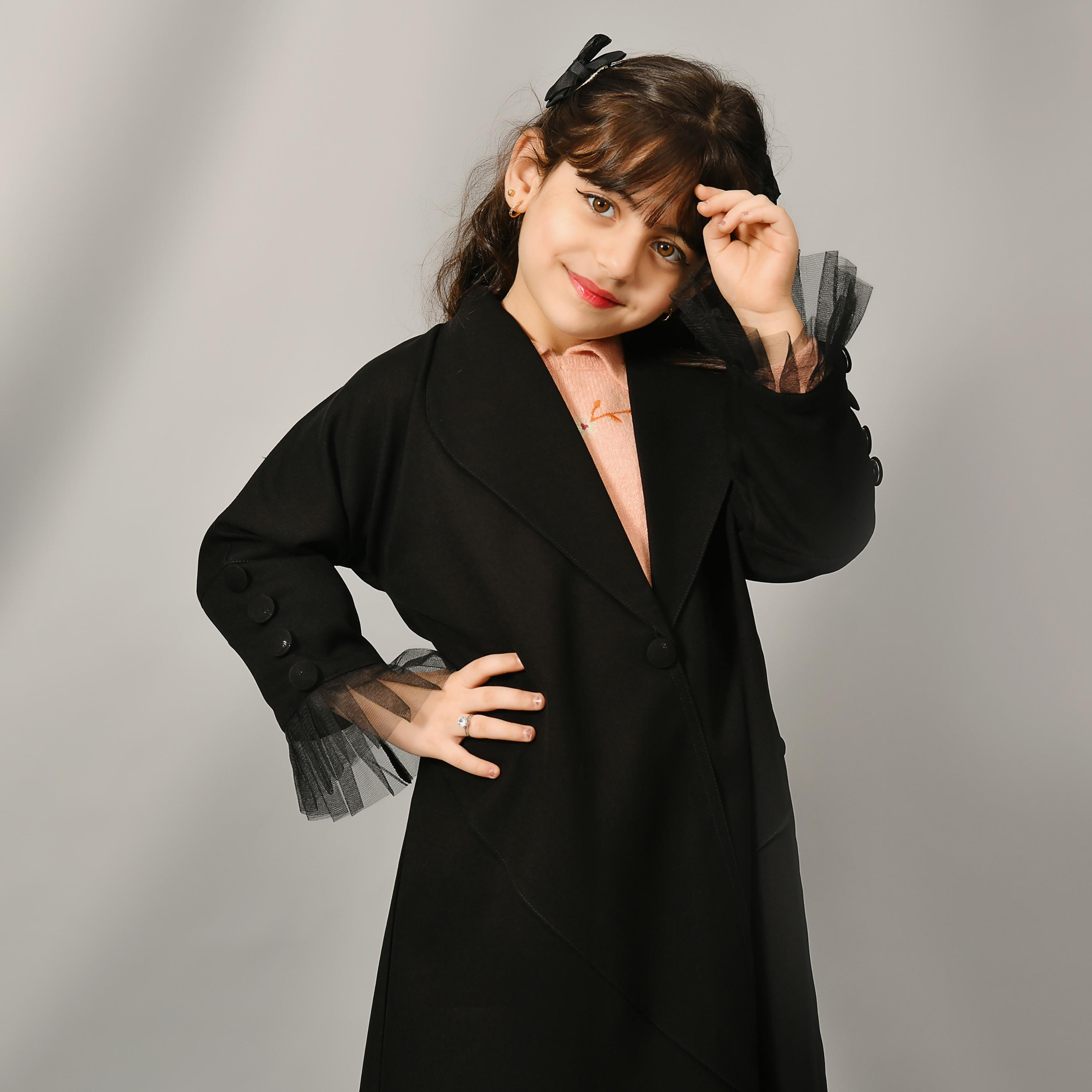 Hawraa Black Lapel Collar Mesh Detailed Sleeves Linen Girl's Abaya-girls-arabicclothing-abayas-image-2
