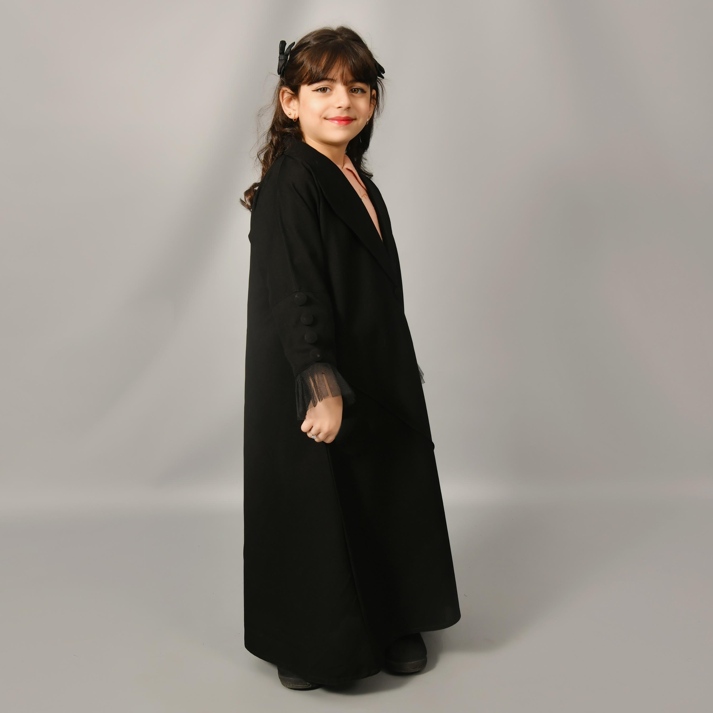 Hawraa Black Lapel Collar Mesh Detailed Sleeves Linen Girl's Abaya-girls-arabicclothing-abayas-image-3