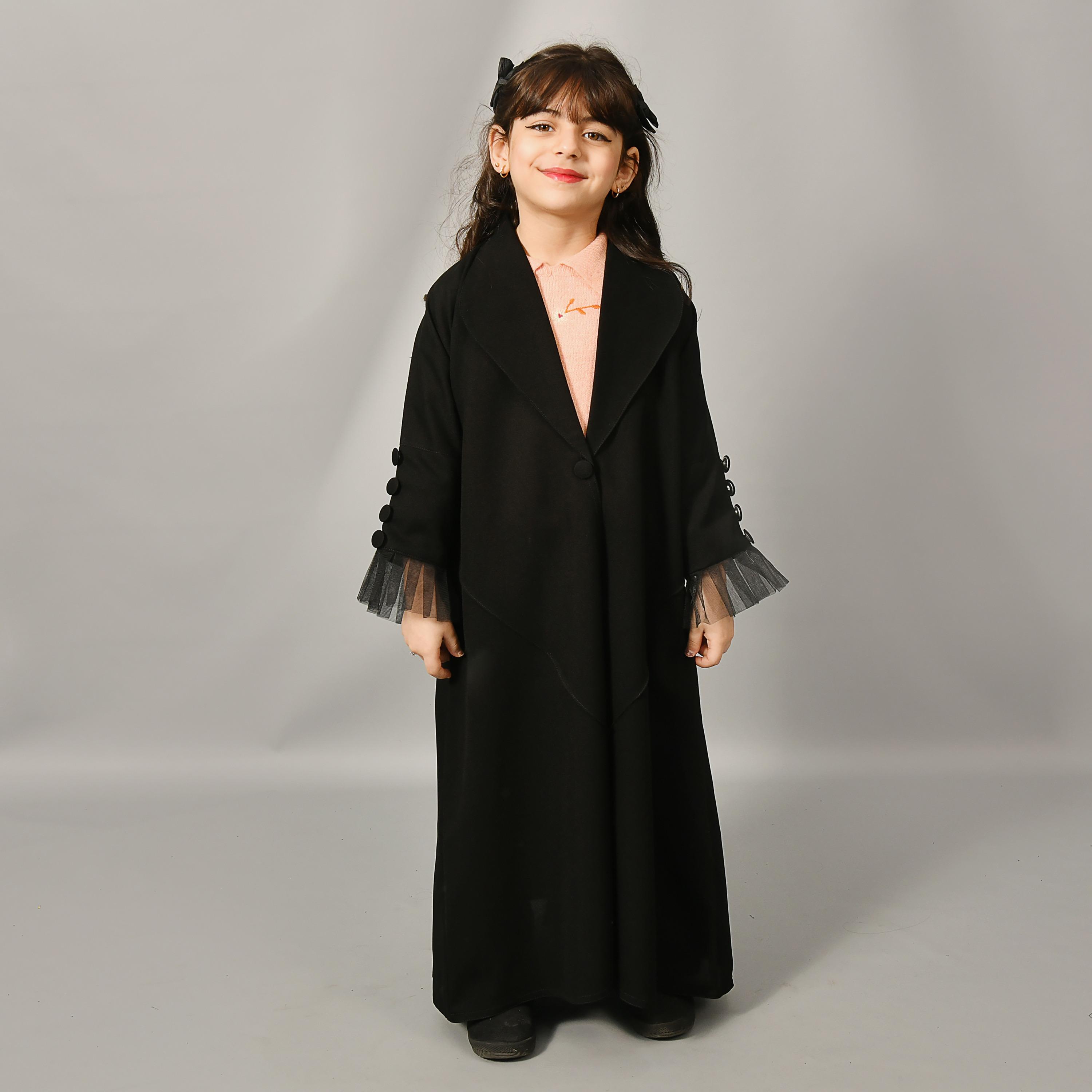 Hawraa Black Lapel Collar Mesh Detailed Sleeves Linen Girl's Abaya-girls-arabicclothing-abayas-image-4