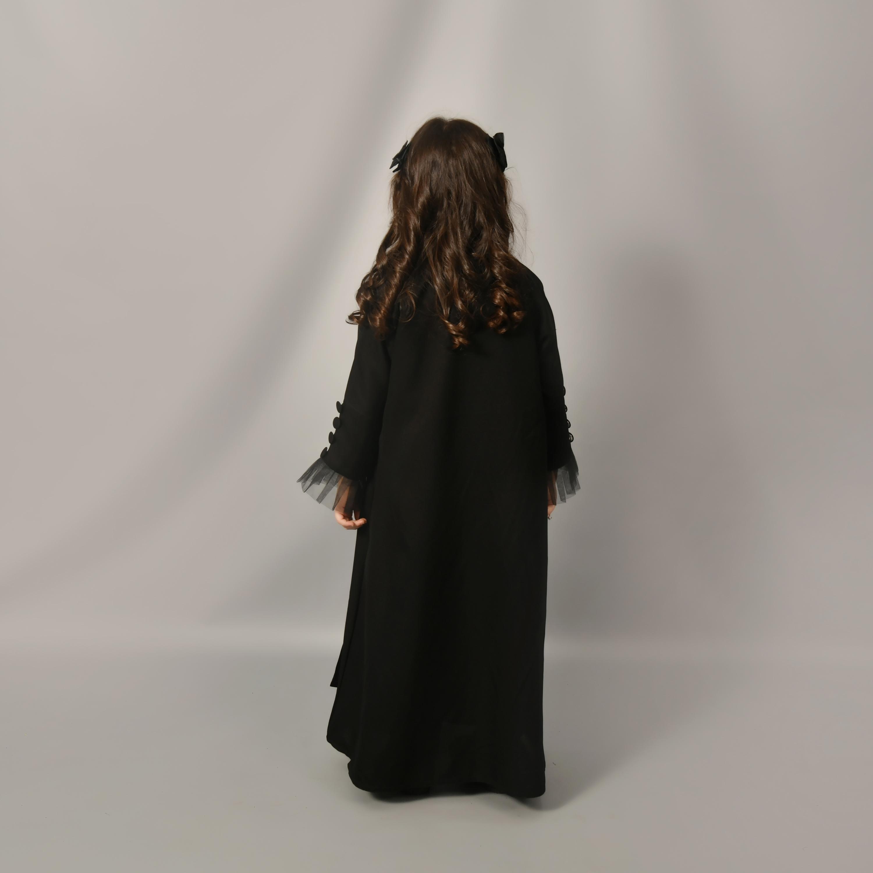 Hawraa Black Lapel Collar Mesh Detailed Sleeves Linen Girl's Abaya-girls-arabicclothing-abayas-image-5