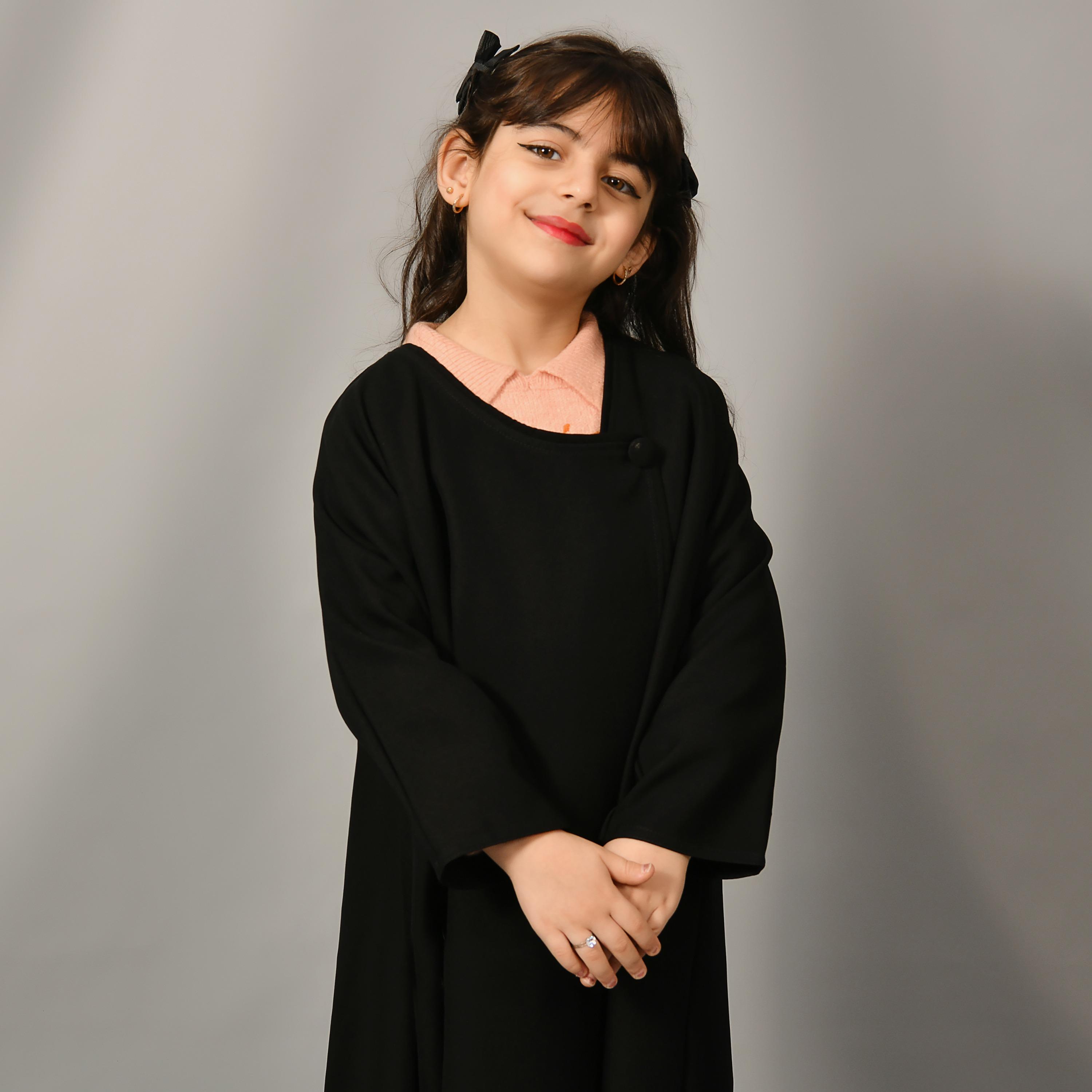 Hawraa Black Linen Girl's Abaya-girls-arabicclothing-abayas-image-2