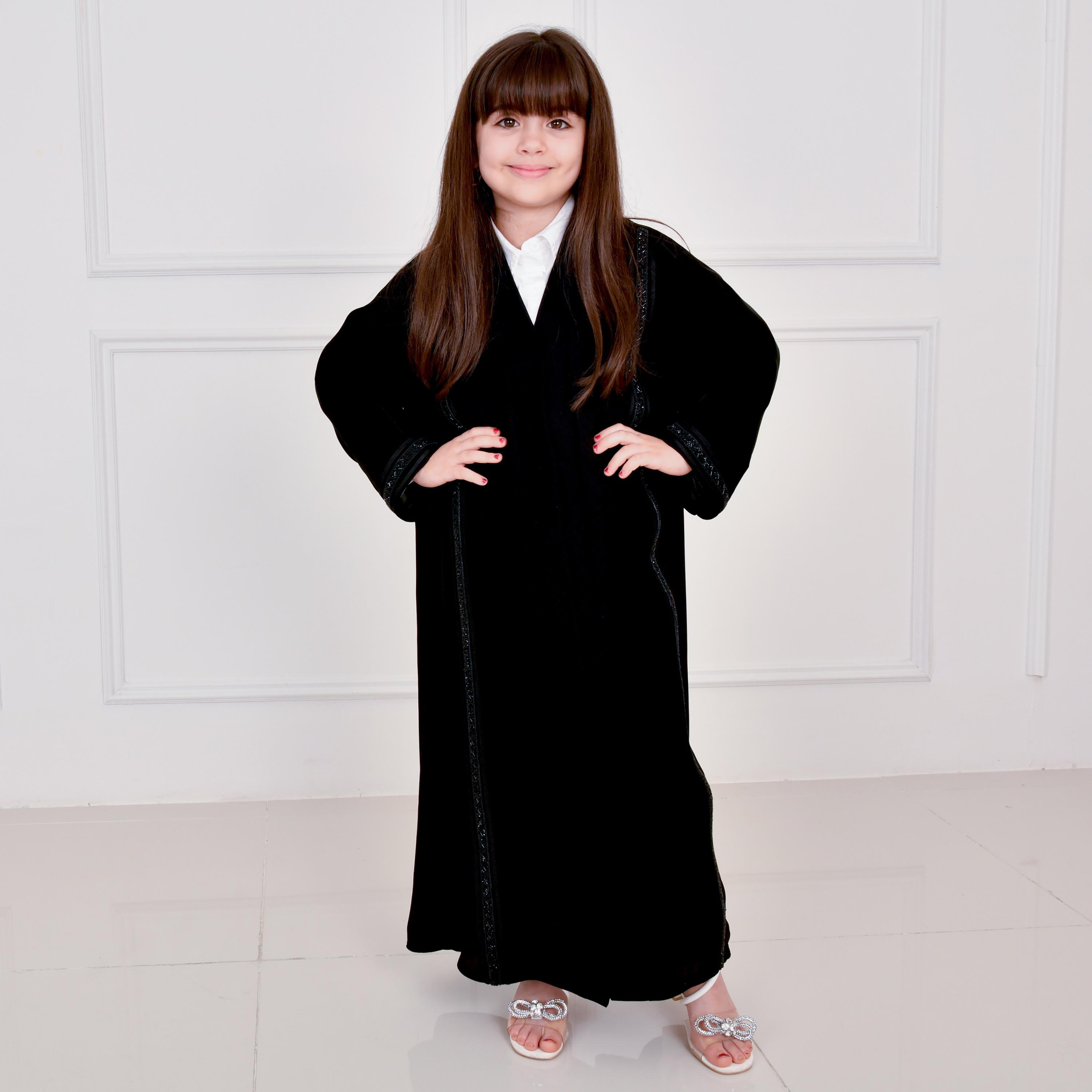 Hawraa Black Beaded Wide Sleeves Linen Girl's Abaya-girls-arabicclothing-abayas-image-1