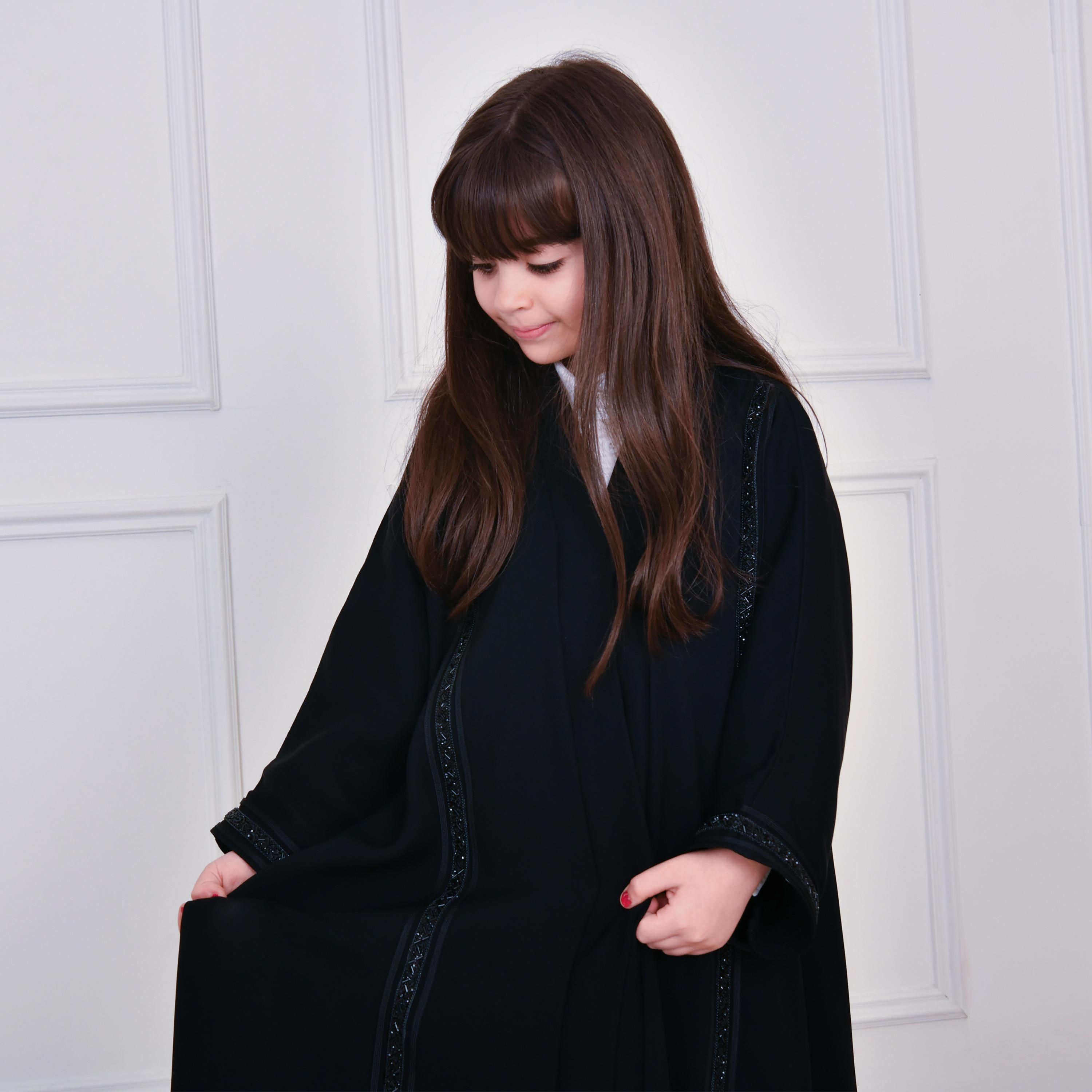 Hawraa Black Beaded Wide Sleeves Linen Girl's Abaya-girls-arabicclothing-abayas-image-2