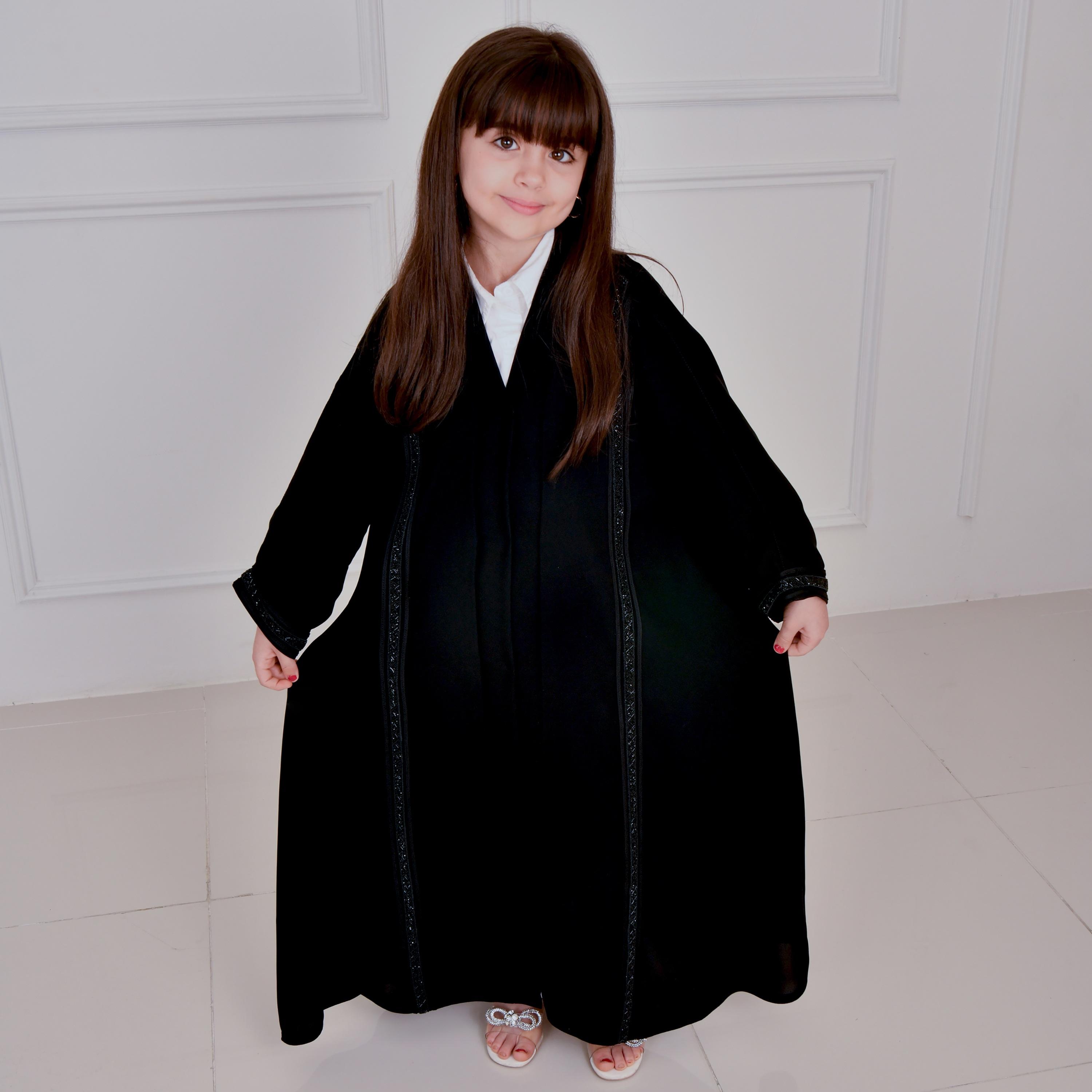 Hawraa Black Beaded Wide Sleeves Linen Girl's Abaya-girls-arabicclothing-abayas-image-4