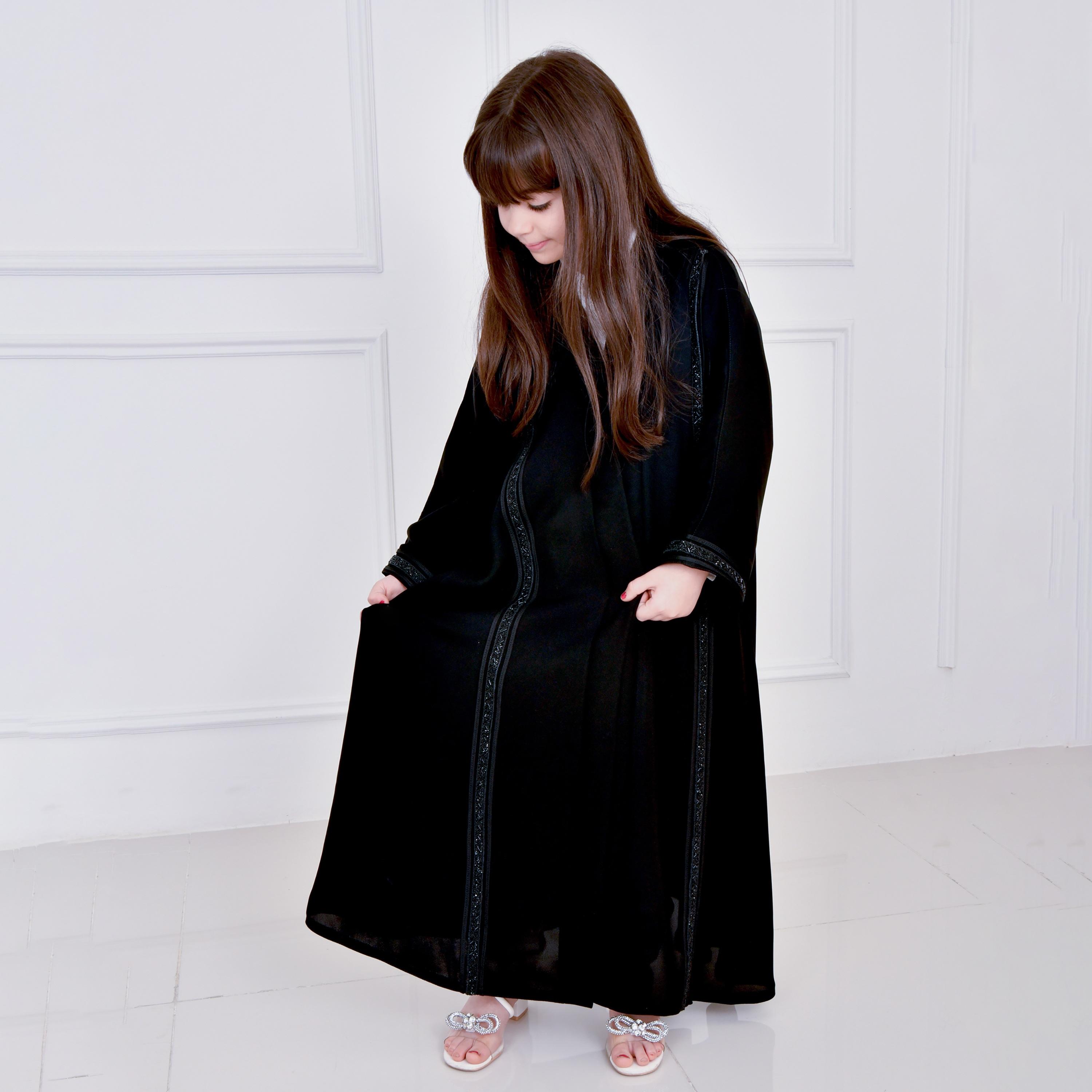 Hawraa Black Beaded Wide Sleeves Linen Girl's Abaya-girls-arabicclothing-abayas-image-5