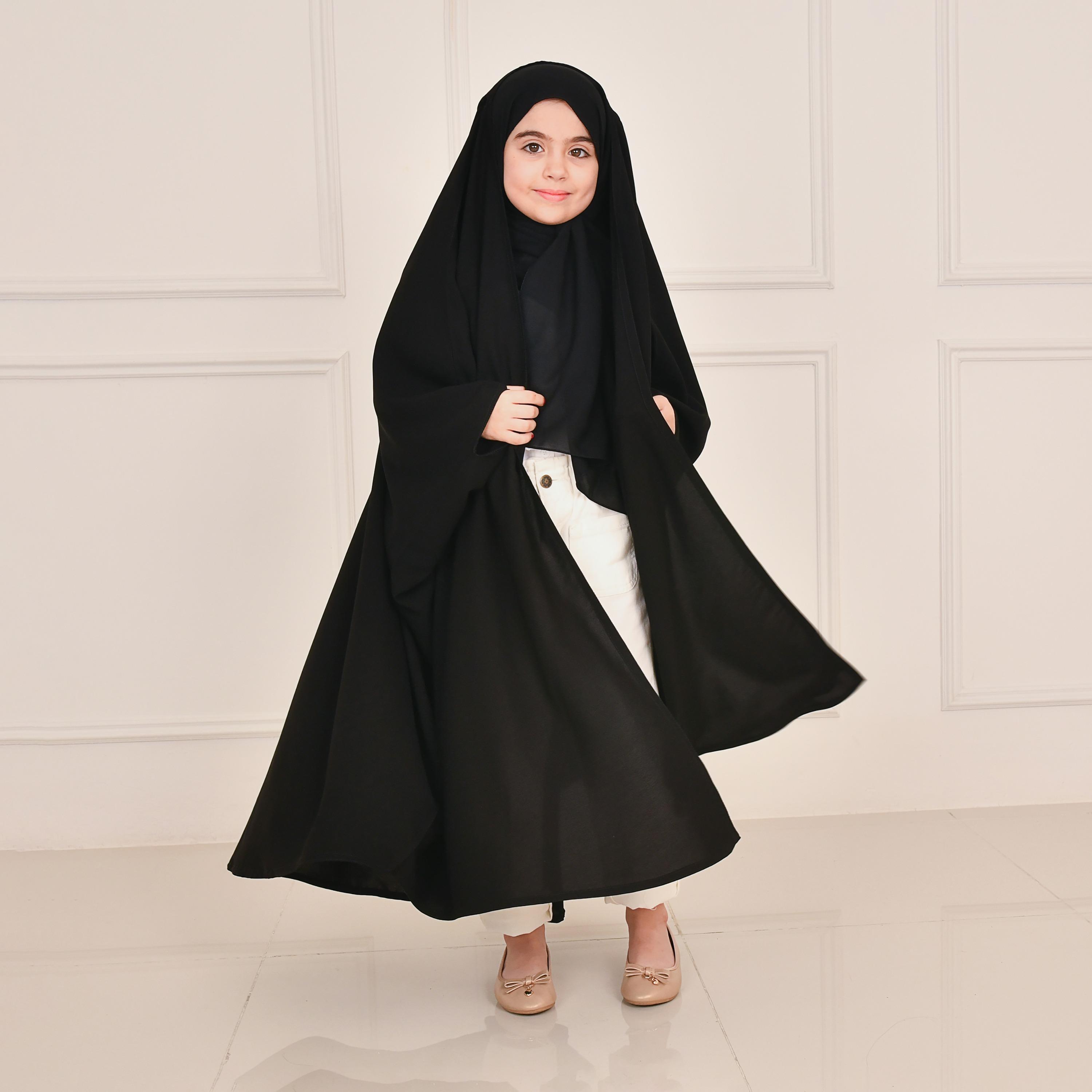 Hawraa Black Wide Sleeves Linen Girl's Butterfly Abaya with Hijab-girls-arabicclothing-abayas-image-1