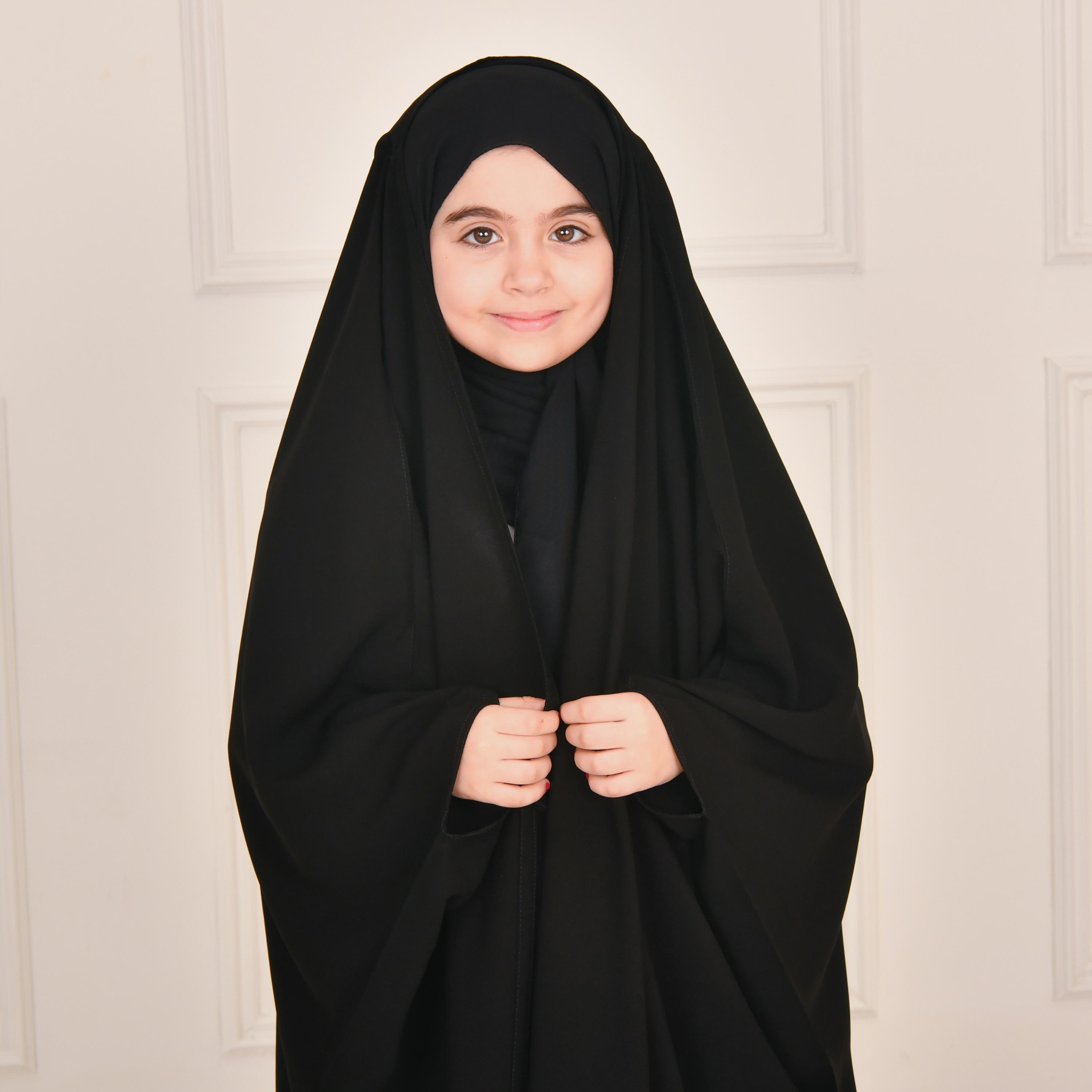 Hawraa Black Wide Sleeves Linen Girl's Butterfly Abaya with Hijab-girls-arabicclothing-abayas-image-2