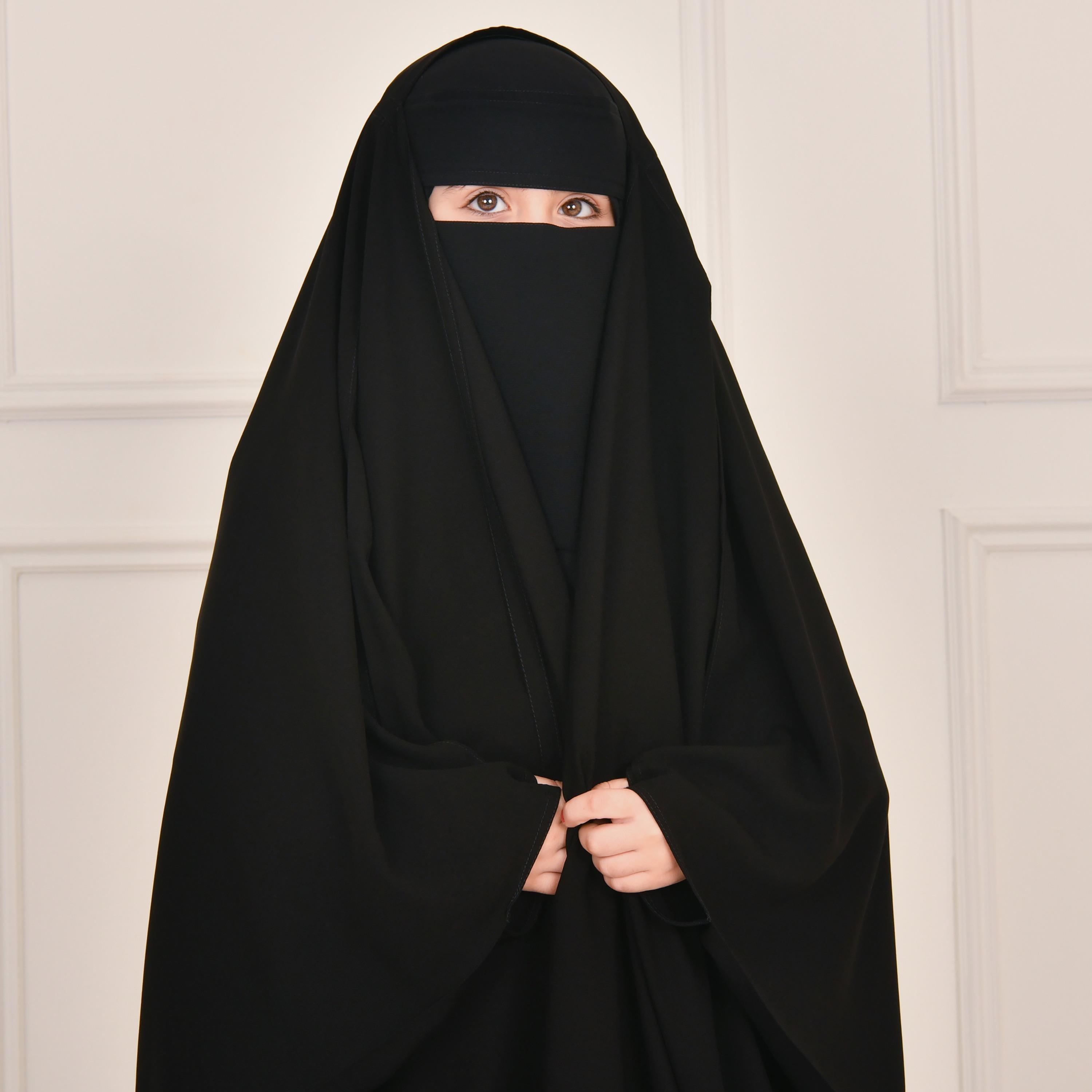 Hawraa Black Wide Sleeves Linen Girl's Butterfly Abaya with Hijab-girls-arabicclothing-abayas-image-3