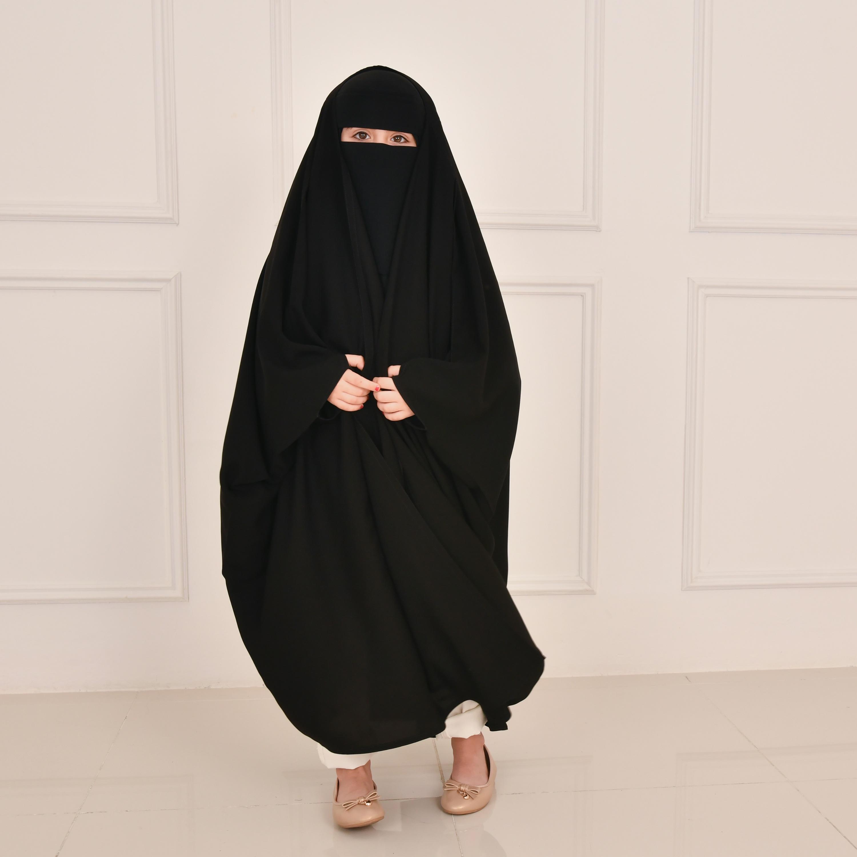 Hawraa Black Wide Sleeves Linen Girl's Butterfly Abaya with Hijab-girls-arabicclothing-abayas-image-4