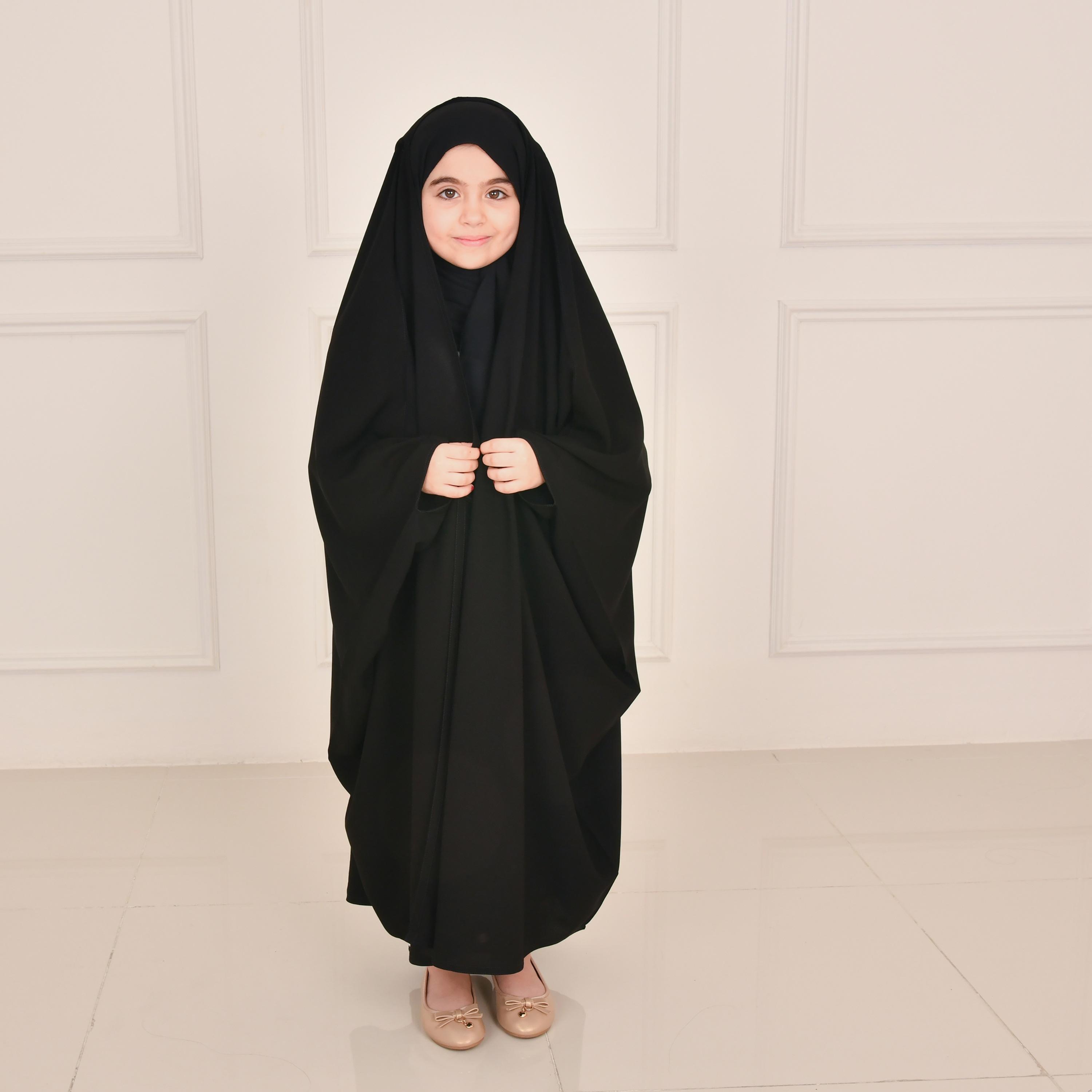 Hawraa Black Wide Sleeves Linen Girl's Butterfly Abaya with Hijab-girls-arabicclothing-abayas-image-5