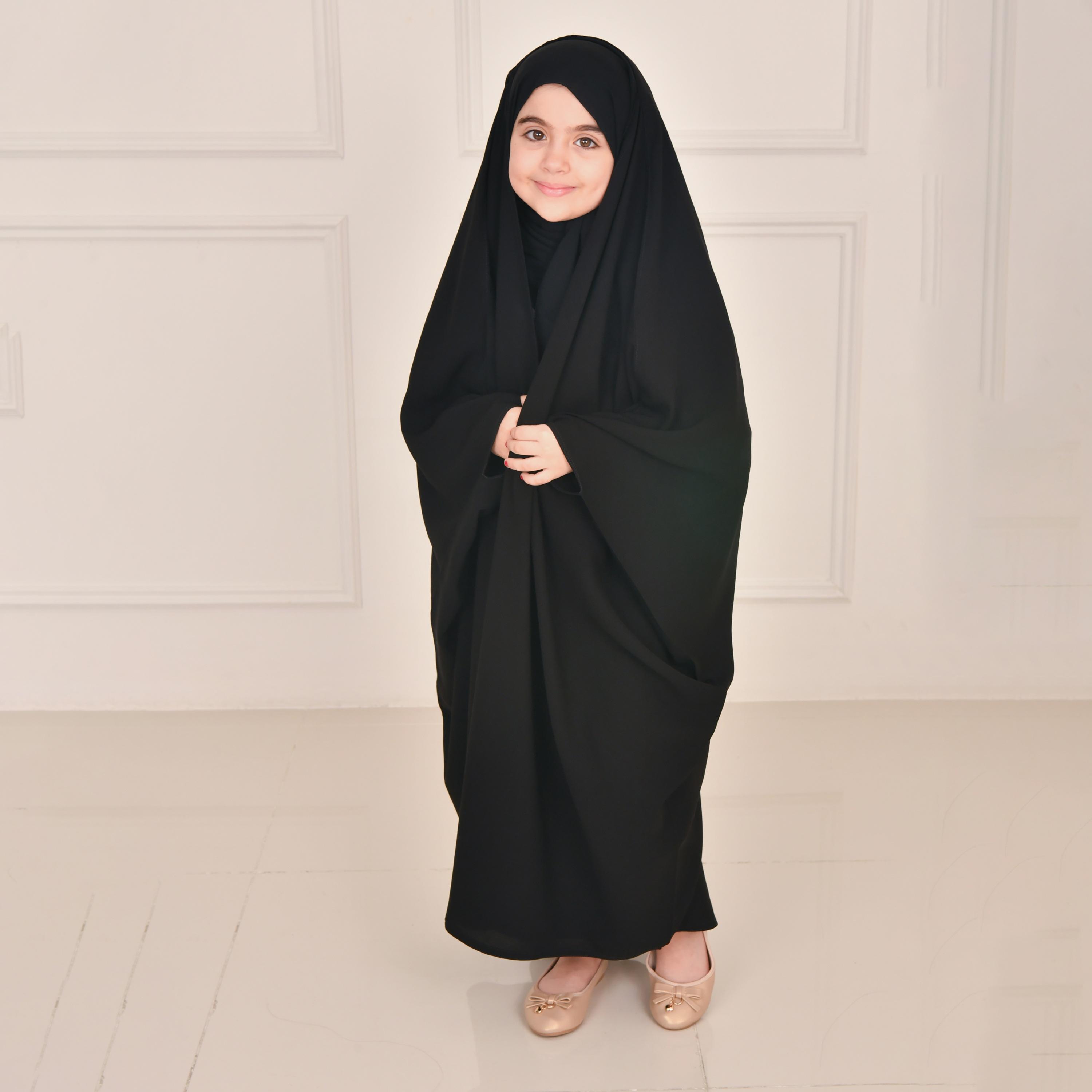 Hawraa Black Wide Sleeves Linen Girl's Butterfly Abaya with Hijab-girls-arabicclothing-abayas-image-6