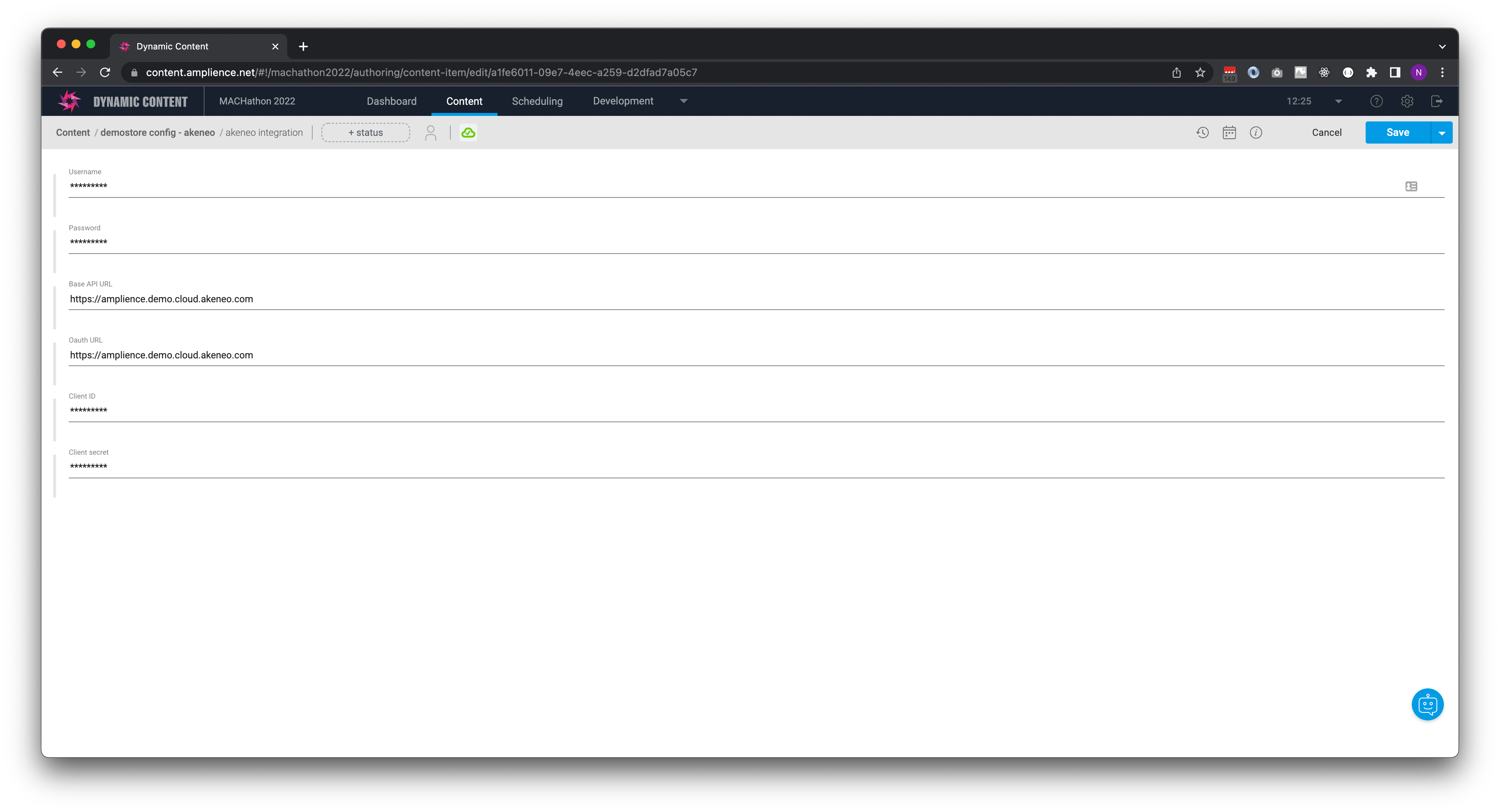 Akeneo Configuration settings in Amplience Dynamic Content