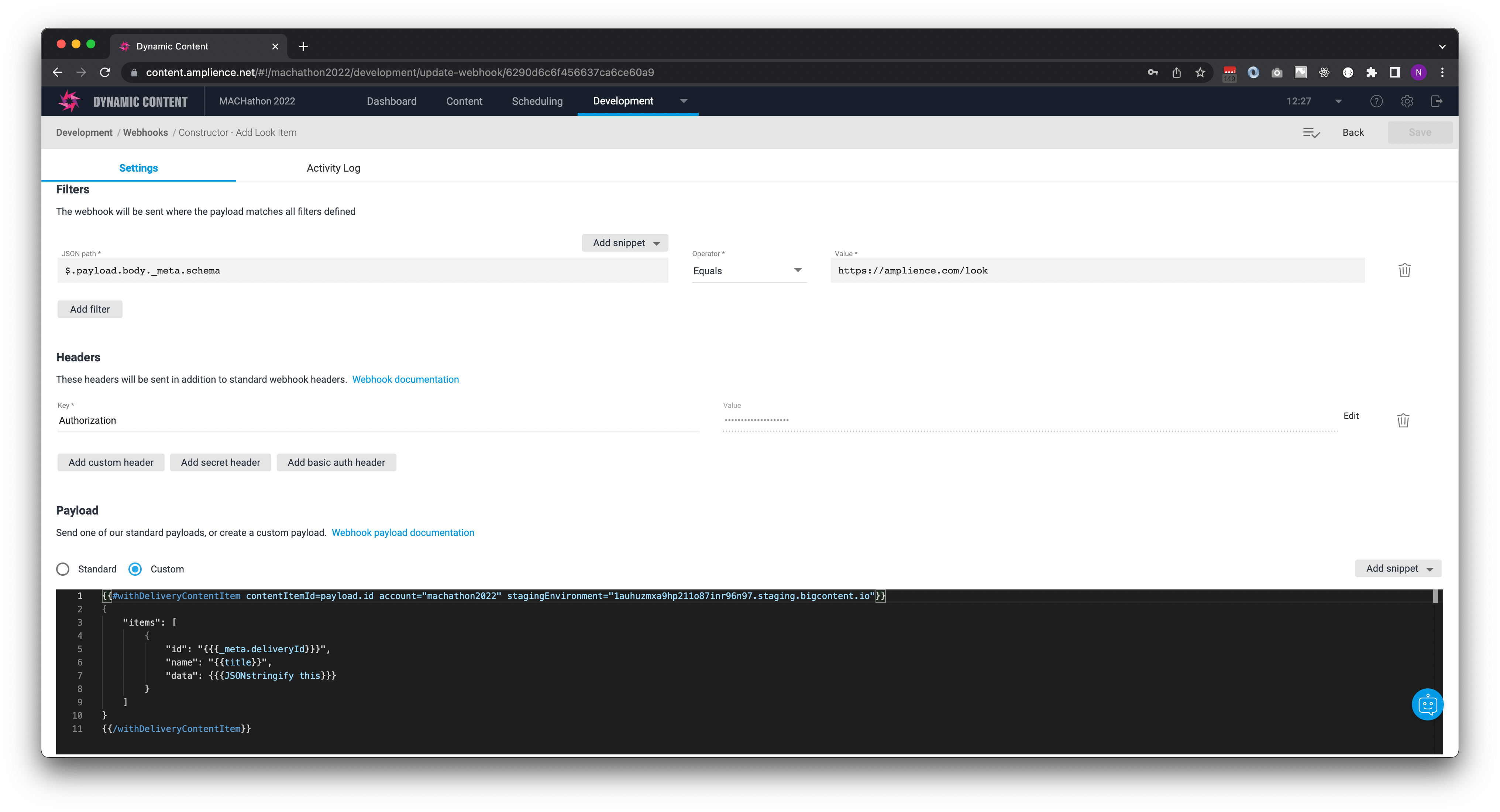 Webhook to add a look item to Collection in Constructor from Amplience