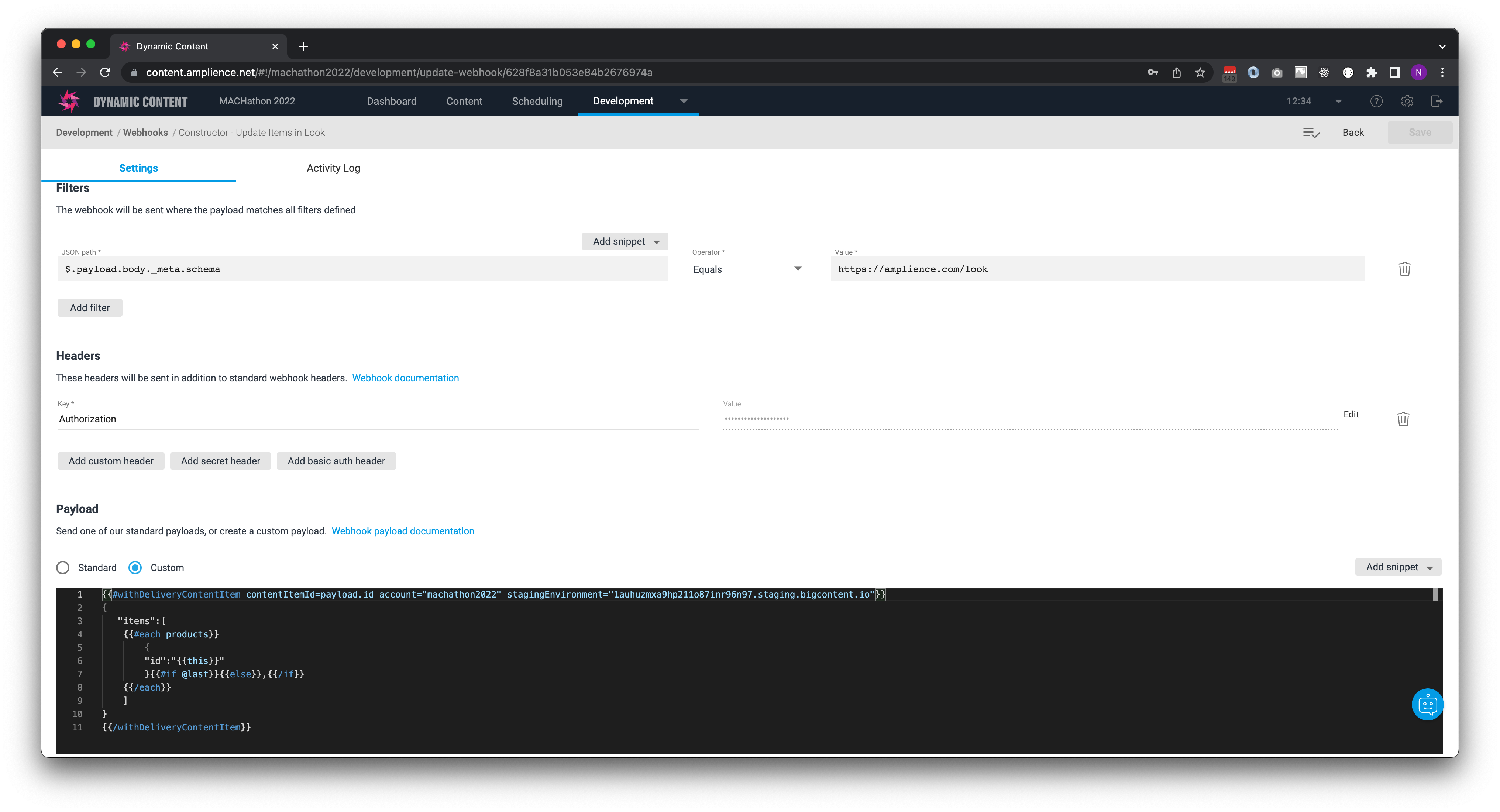 Webhook to update look item with products in Constructor from Amplience