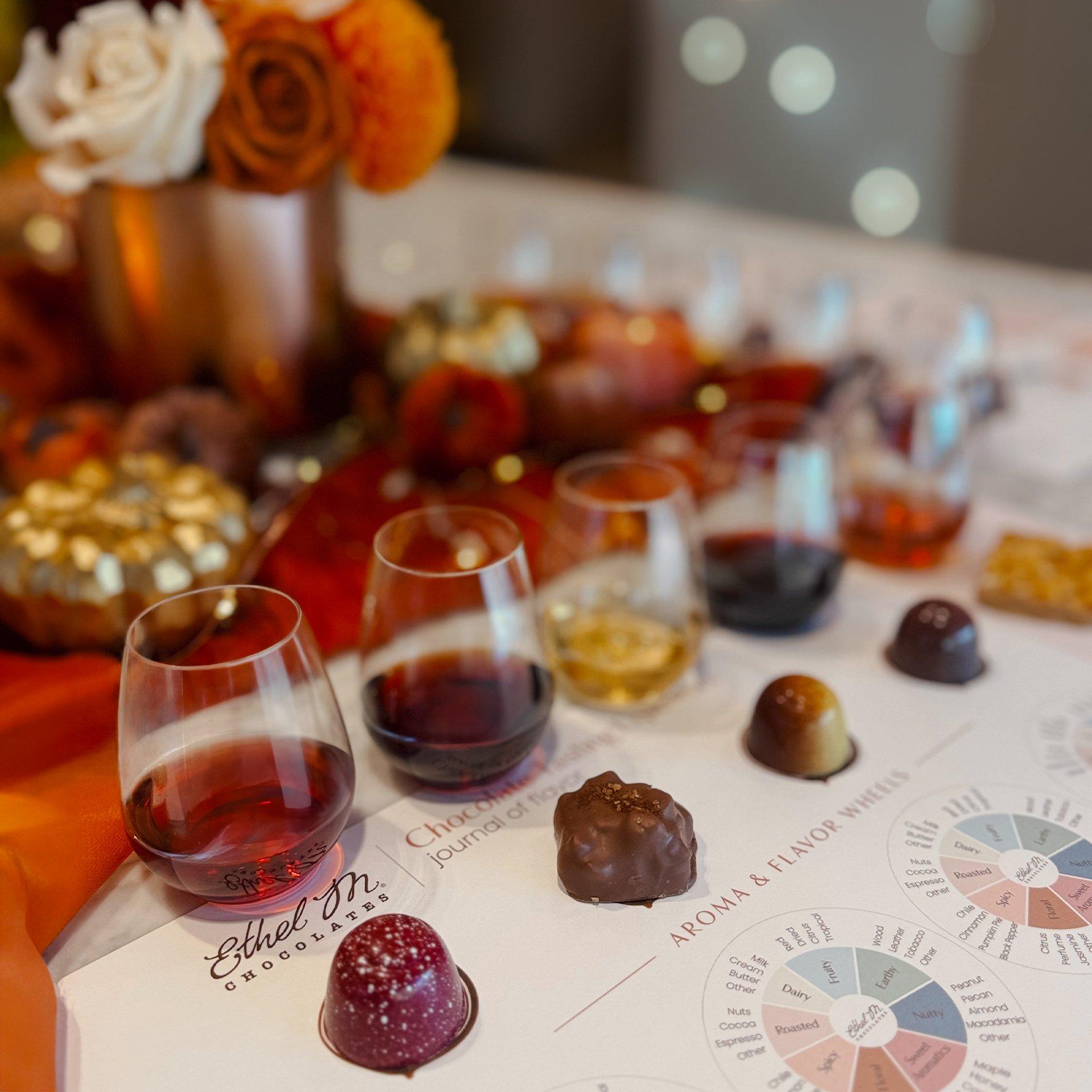 Five chocolate and wine pairings with a tasting mat with fall decor