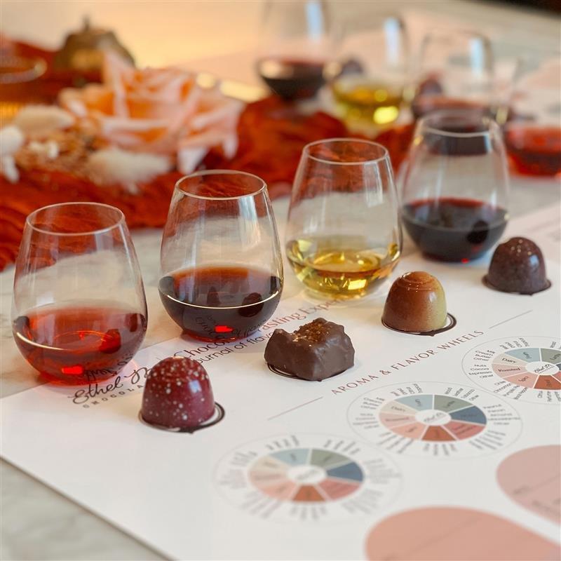 Fall chocolate and wine tasting with four pairings on tasting mat