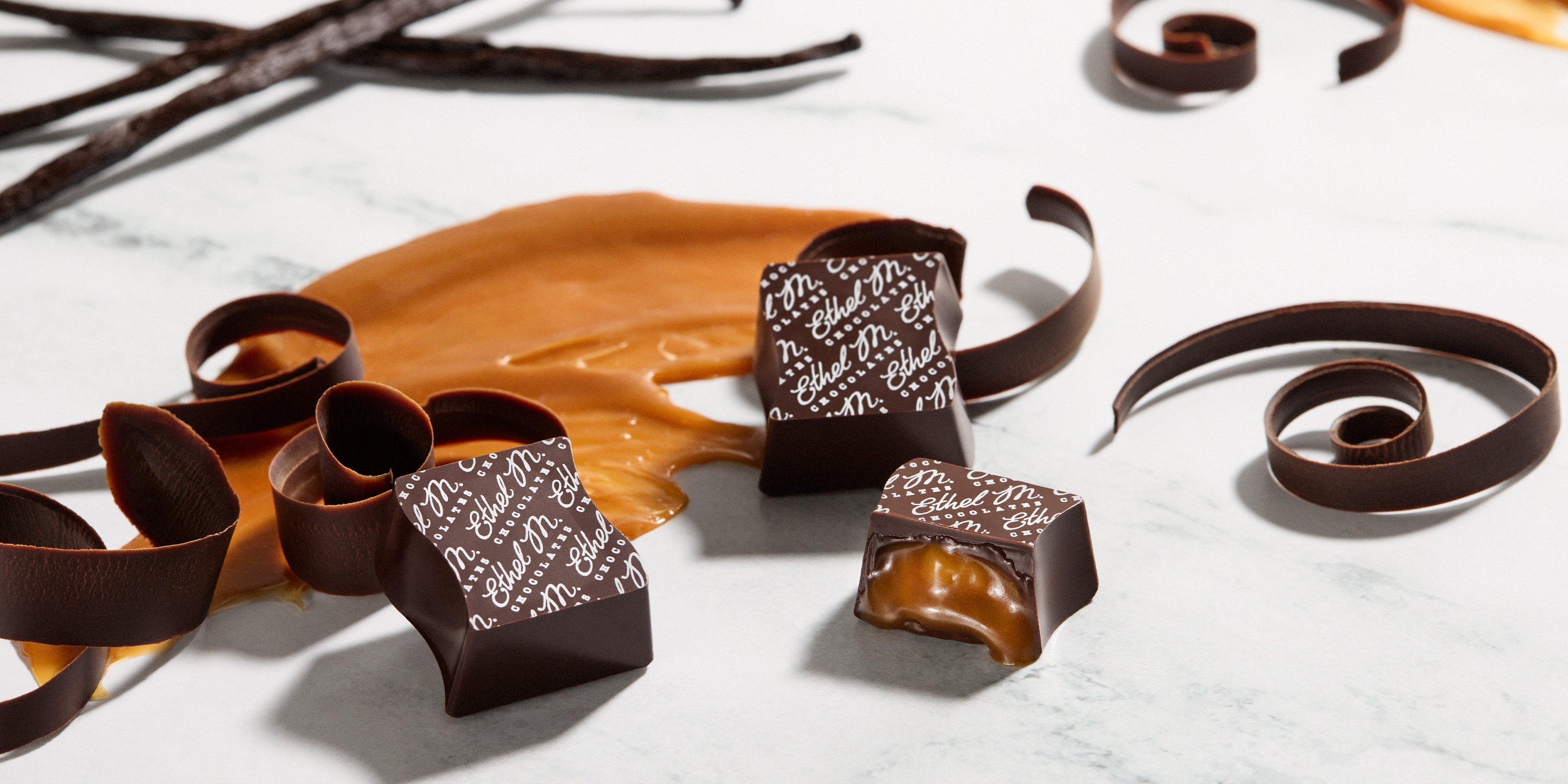 Creamy Caramel Dark Chocolate opened with caramel and chocolate shavings