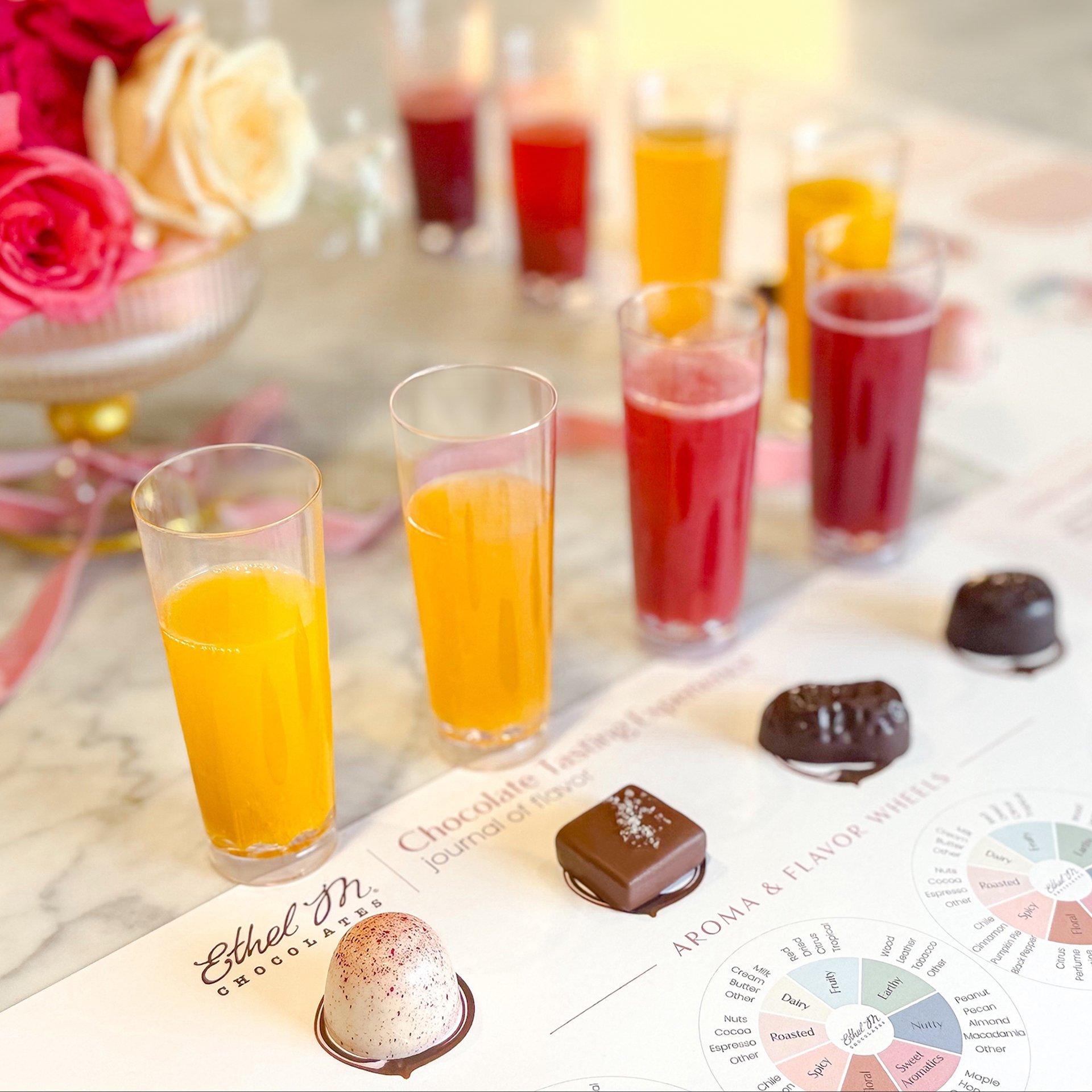 4 Mimosa & chocolate pairings on an Ethel M Chocolates tasting mat