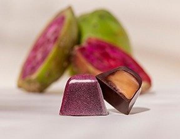 Prickly Pear Dark Chocolate with Fruit in the background