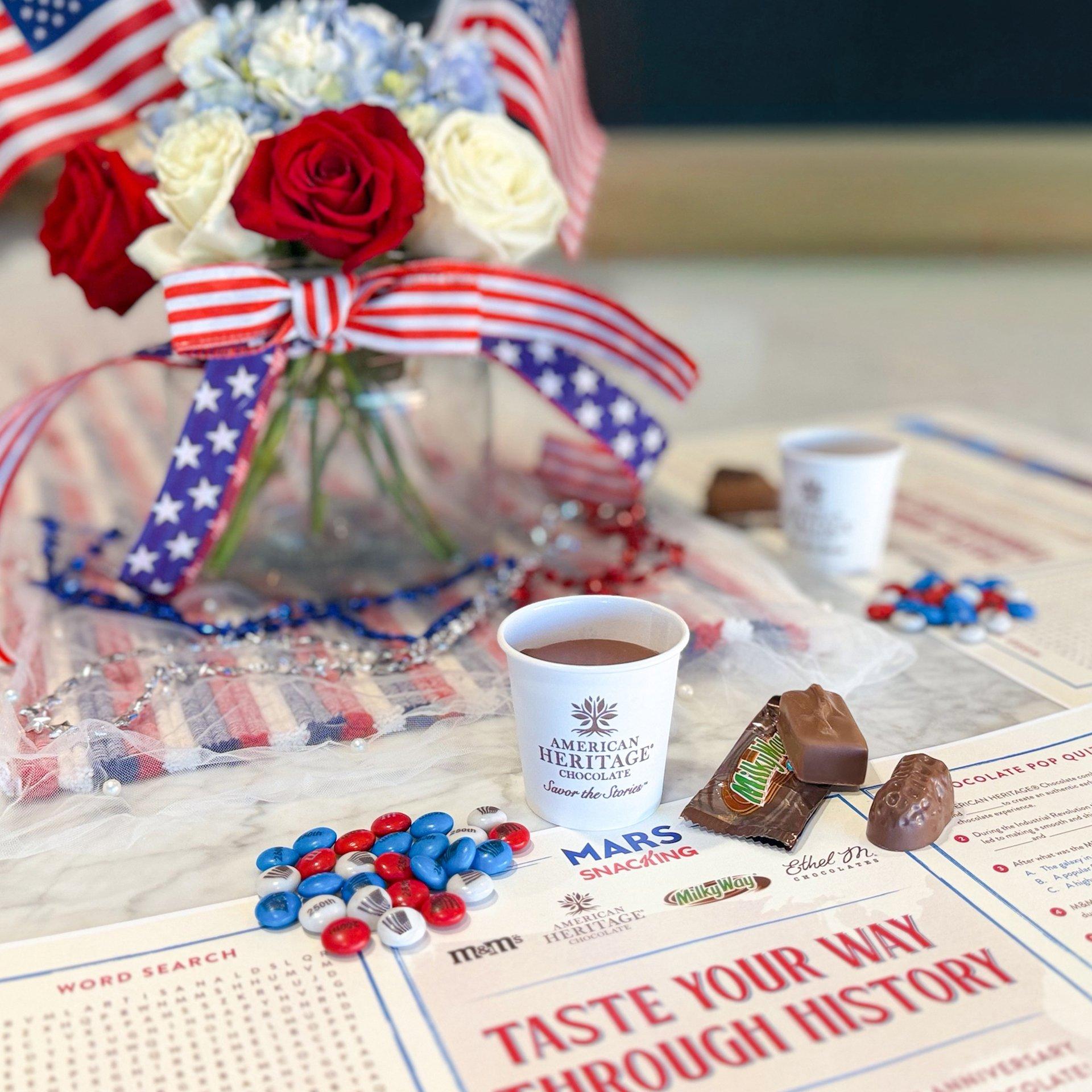 Fourth of July inspired tasting with chocolate and drink options with tasting mat and red, white and blue flowers