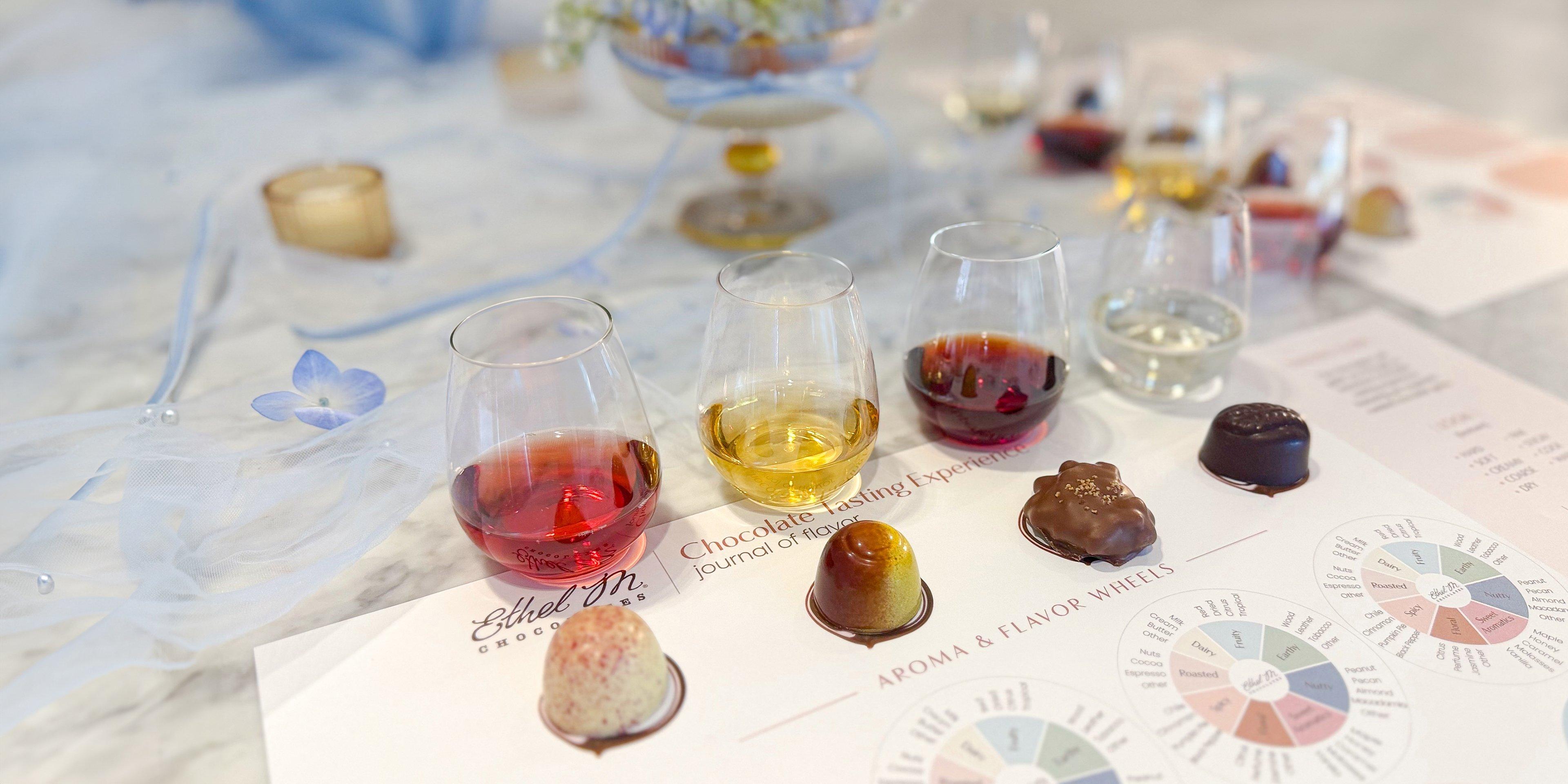 4 wine and chocolate pairing with tasting mat at Ethel M Chocolates