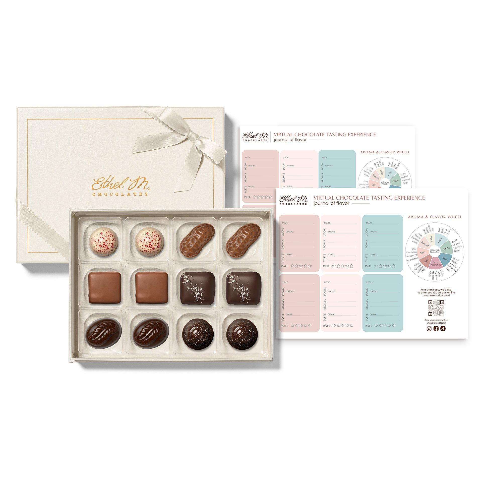 Ethel M chocolatiers kit with Journal of Flavor tasting notes featuring a diary and a chocolate flavor wheel labeled aroma and flavor.