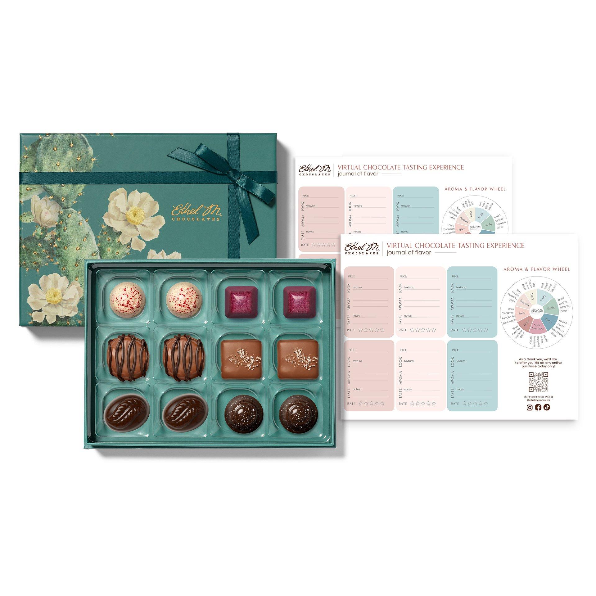 Ethel M Nut-free kit with Journal of Flavor tasting notes featuring a diary and a chocolate flavor wheel labeled aroma and flavor.
