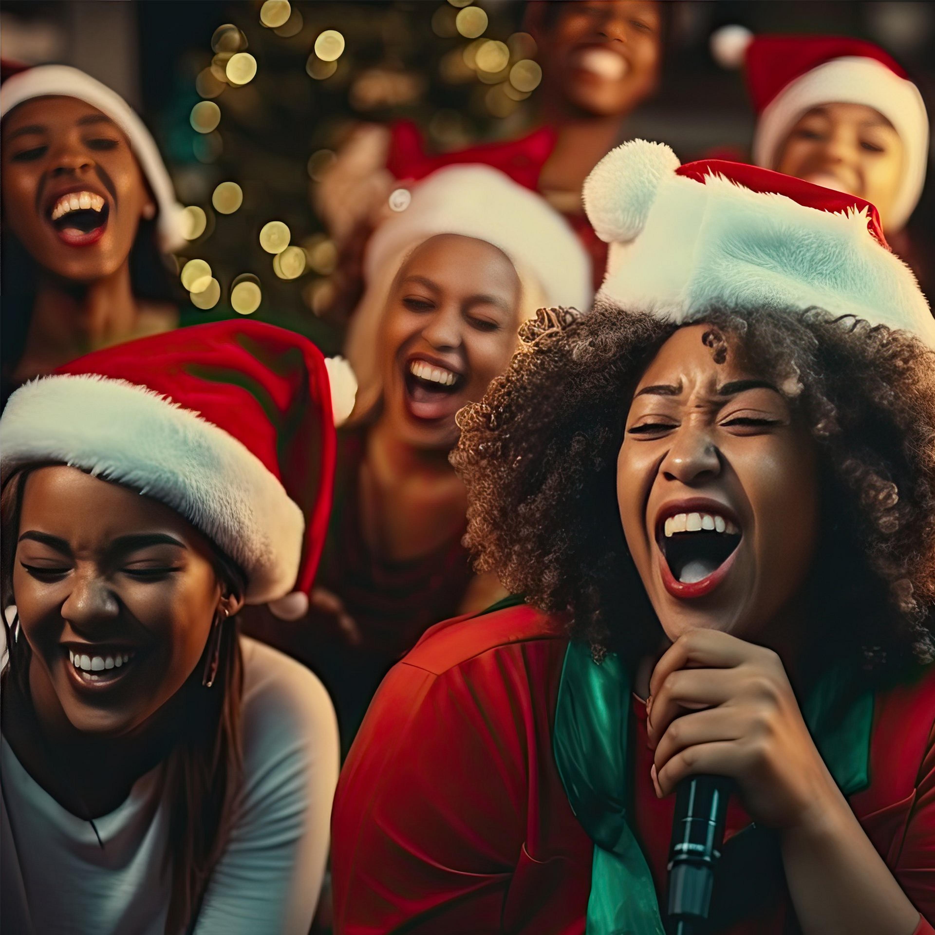 Women in Santa Hats singing.