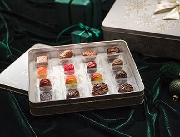 Open Custom Chocolate Box with pieces in the tray