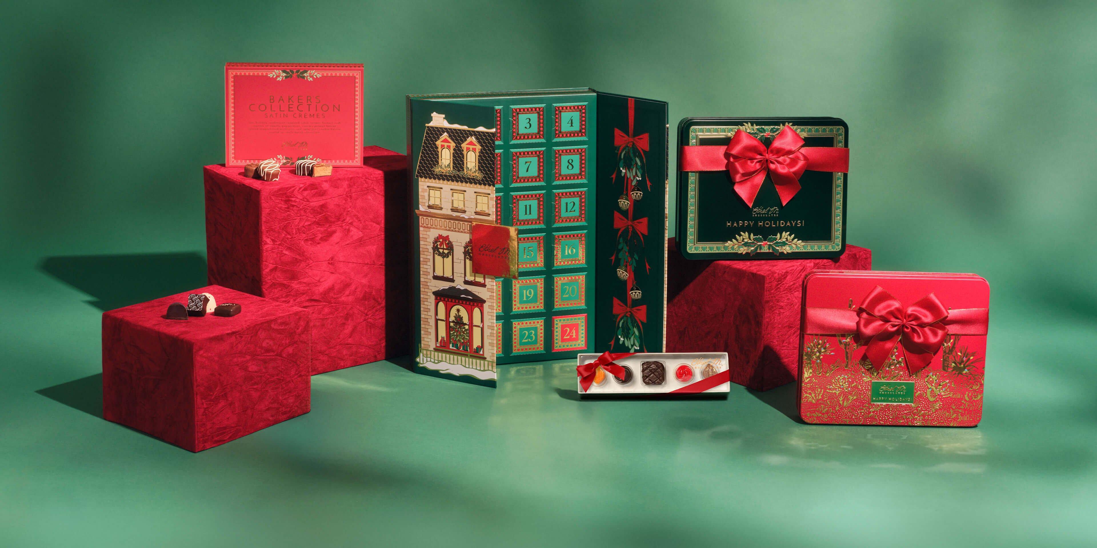 Ethel M Chocolates 2026 Holiday Collection featuring chocolate collections on a green background