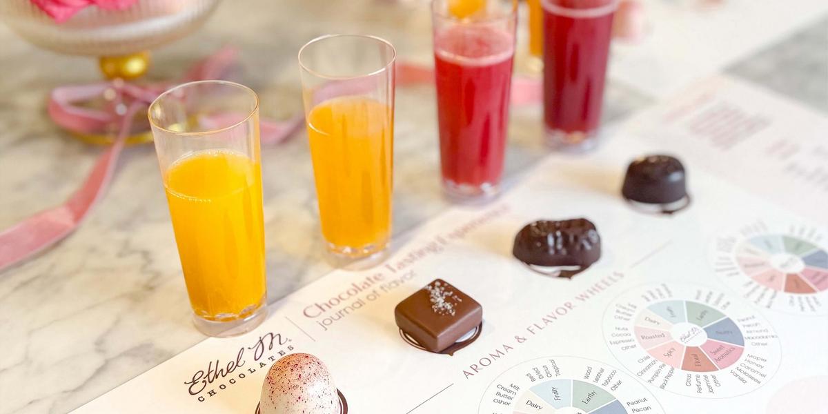 4 Mimosa and chocolate pairings on a tasting mat at Ethel M Chocolates