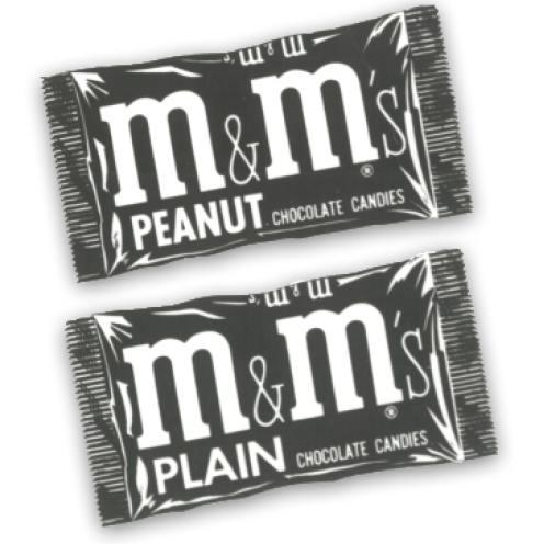 Envase de plástico M&M'S vintage de los años 50 con el clásico logotipo blanco sobre fondo negro