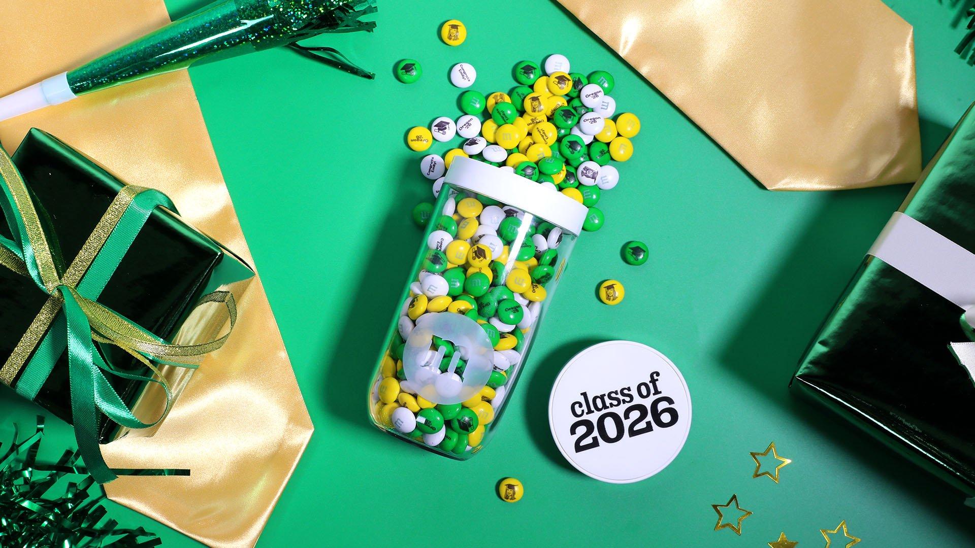 graduation class gift jar spilling out personalized M&M'S