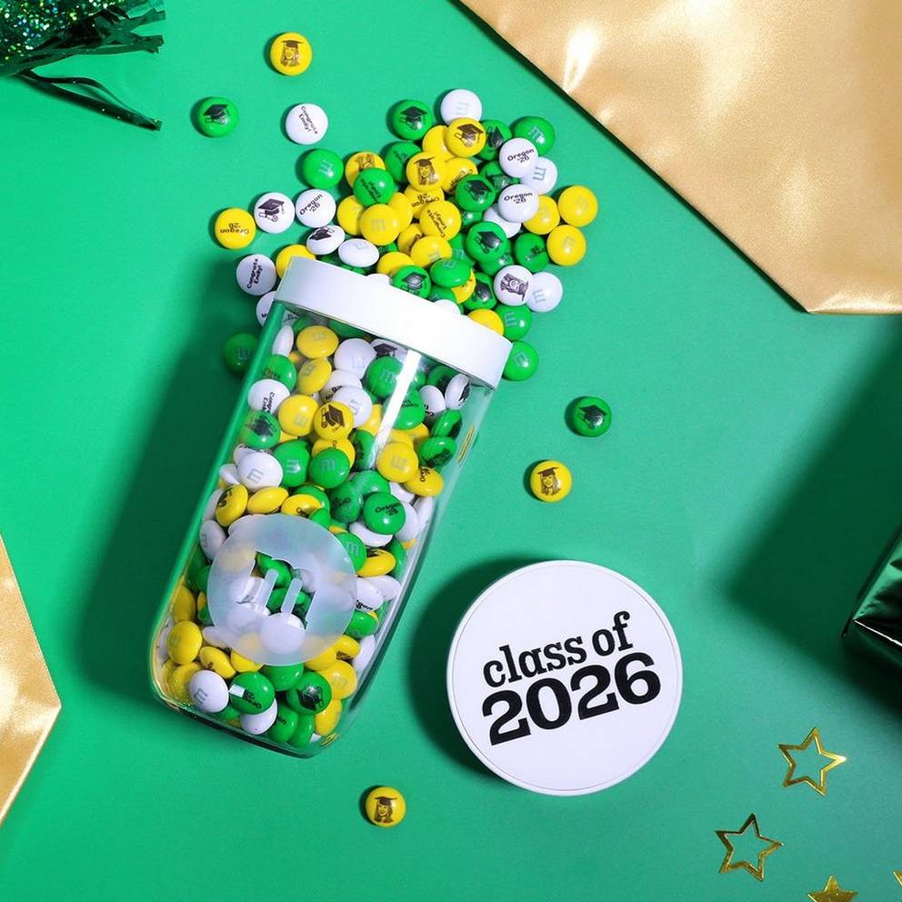 graduation class gift jar spilling out personalized M&M'S
