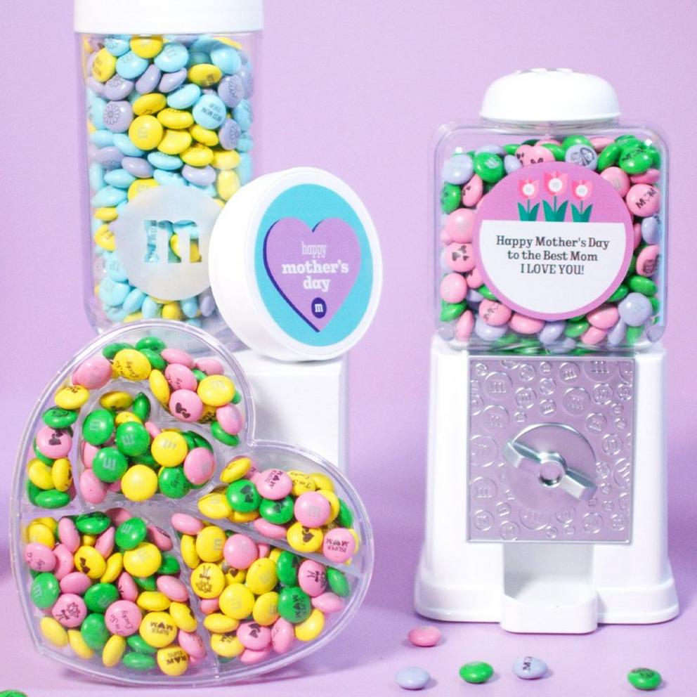 personalized dispenser, mother's day gift jar and heart gift box all filled with personalized M&M'S
