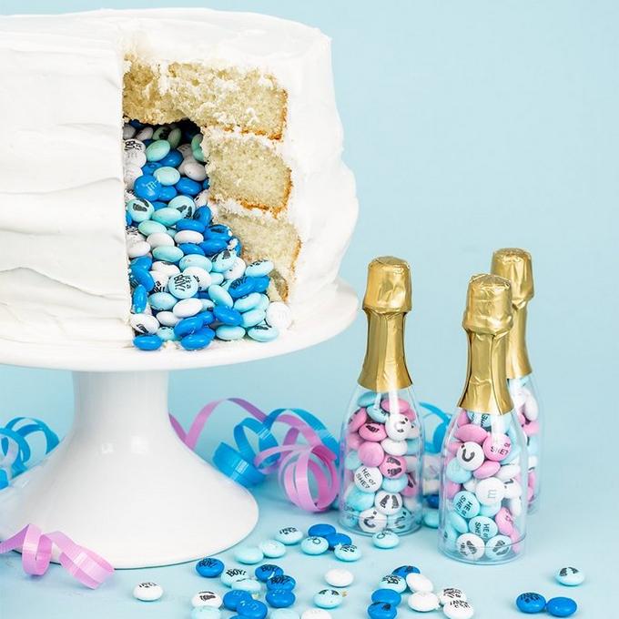 gender reveal cake revealing blue & white personalized it's a boy m&m's
