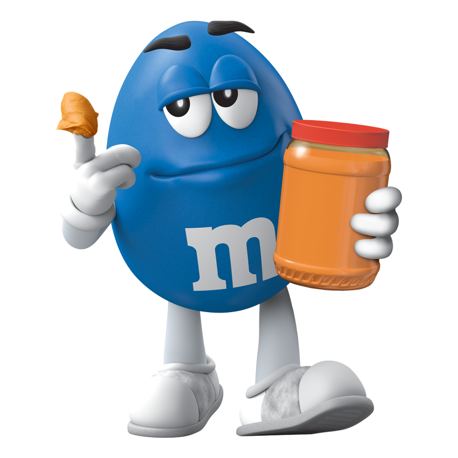 blue character with jar of peanut butter