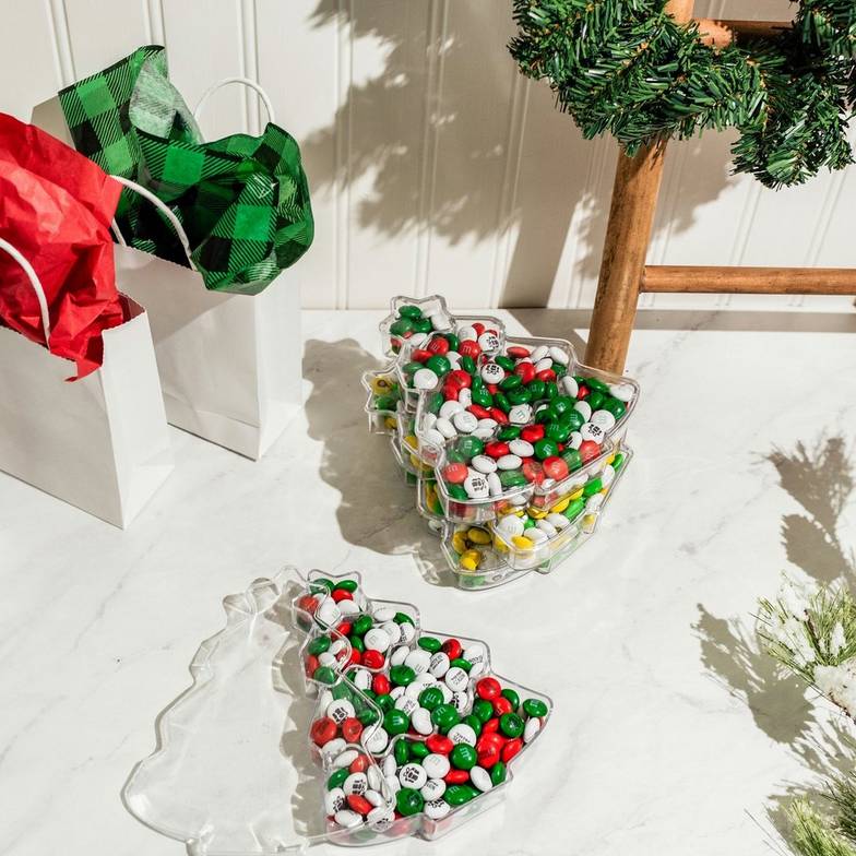 christmas tree gift boxes filled with personalized M&M'S