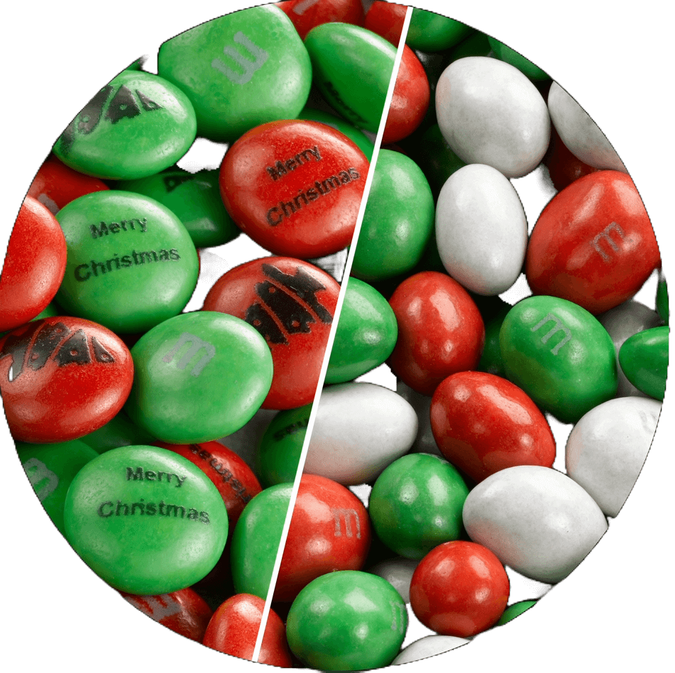 Split image of M&M'S milk chocolate and Peanut in red, green and white colors