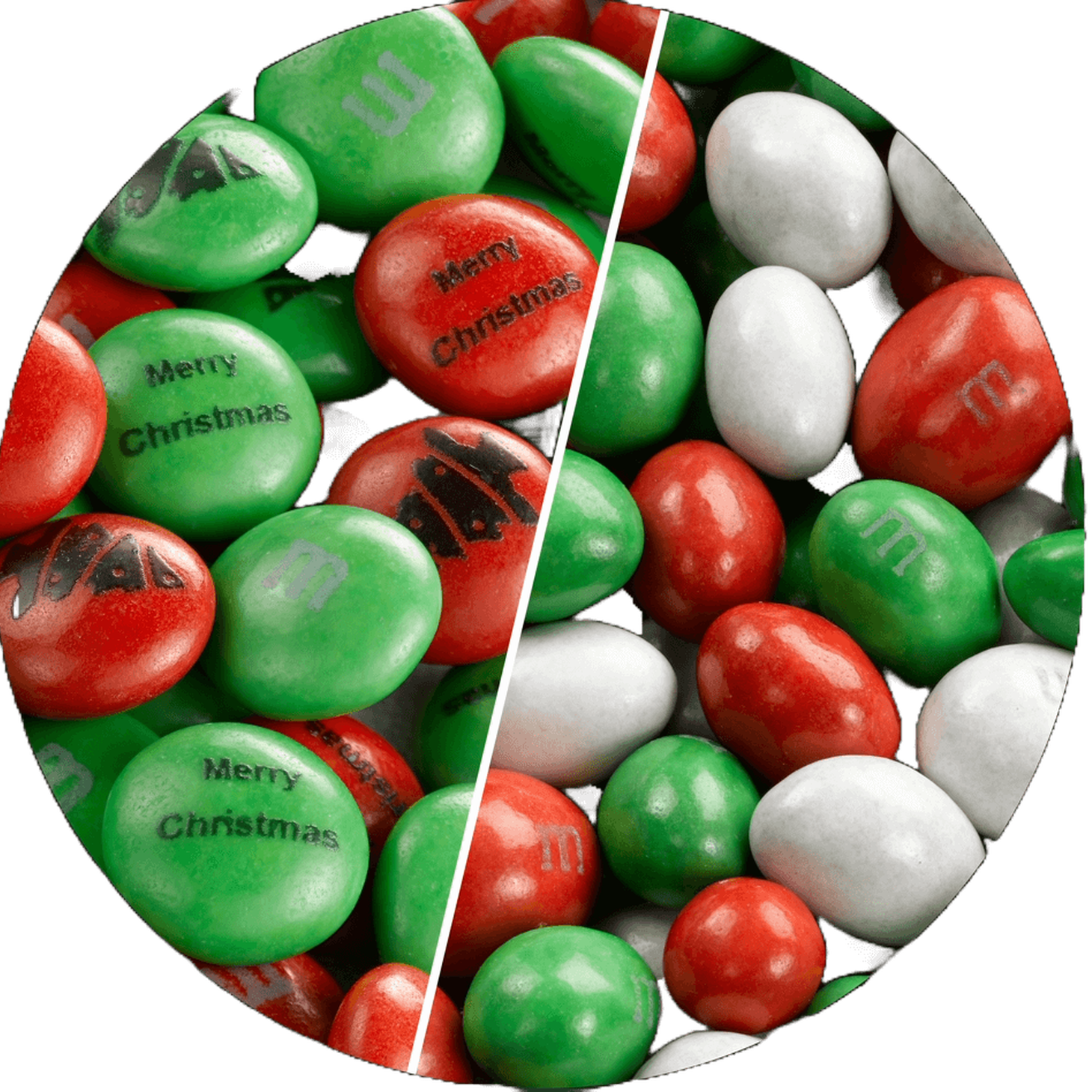 Split image of M&M'S milk chocolate and Peanut in red, green and white colors