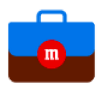 blue and brown briefcase with red M&M'S