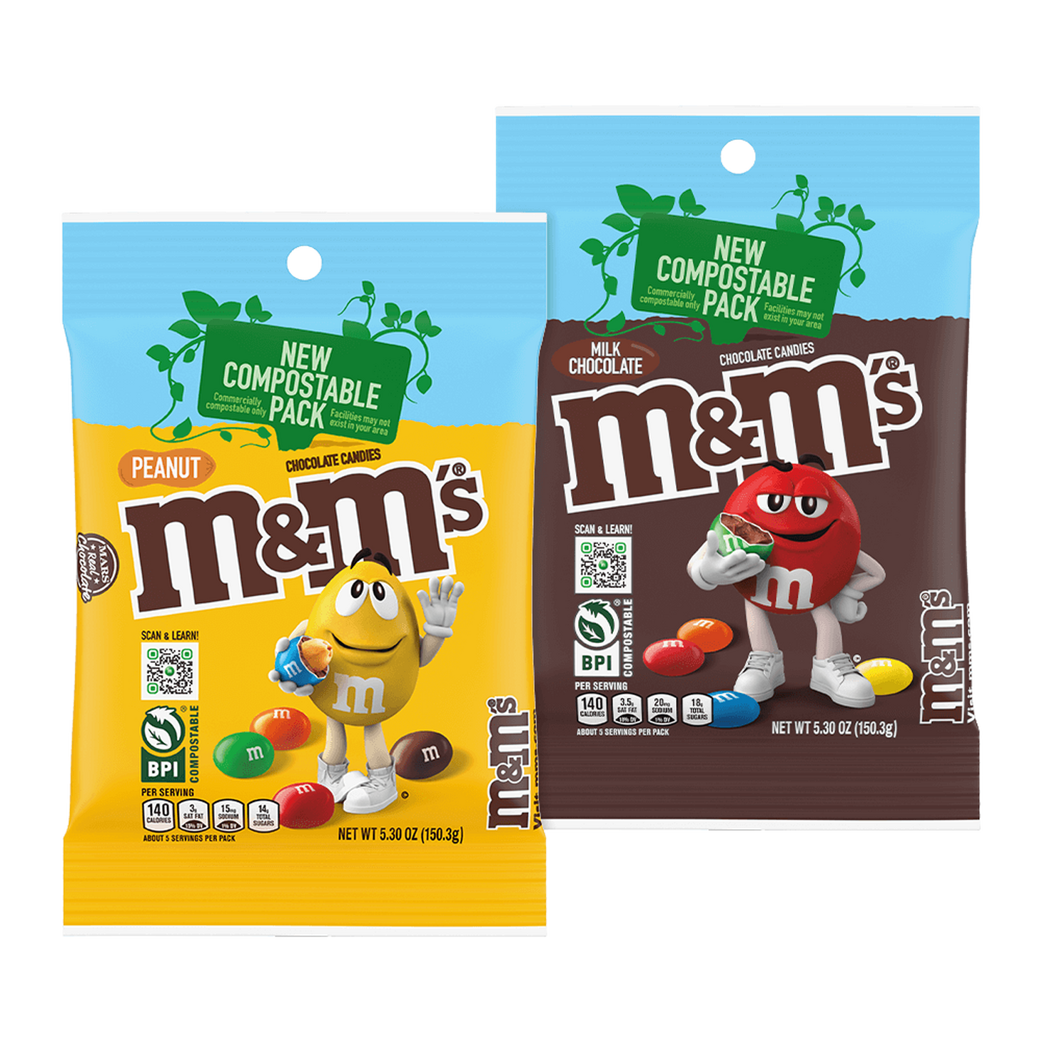 new compostable m&m's packs in peanut and milk chocolate