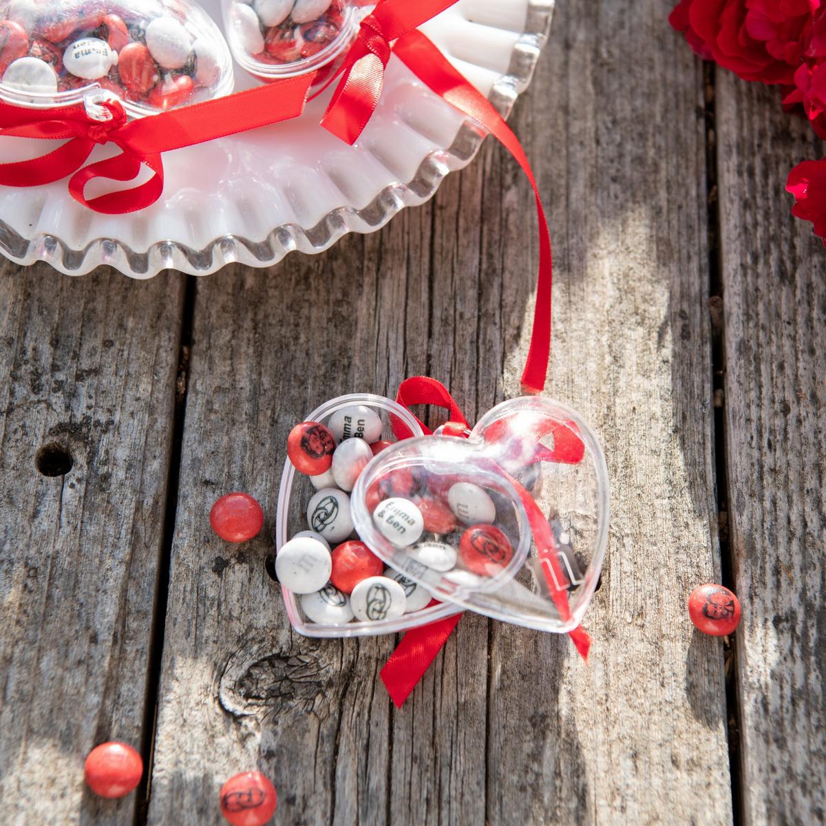 Wedding table decoration  heart filled with M&M's