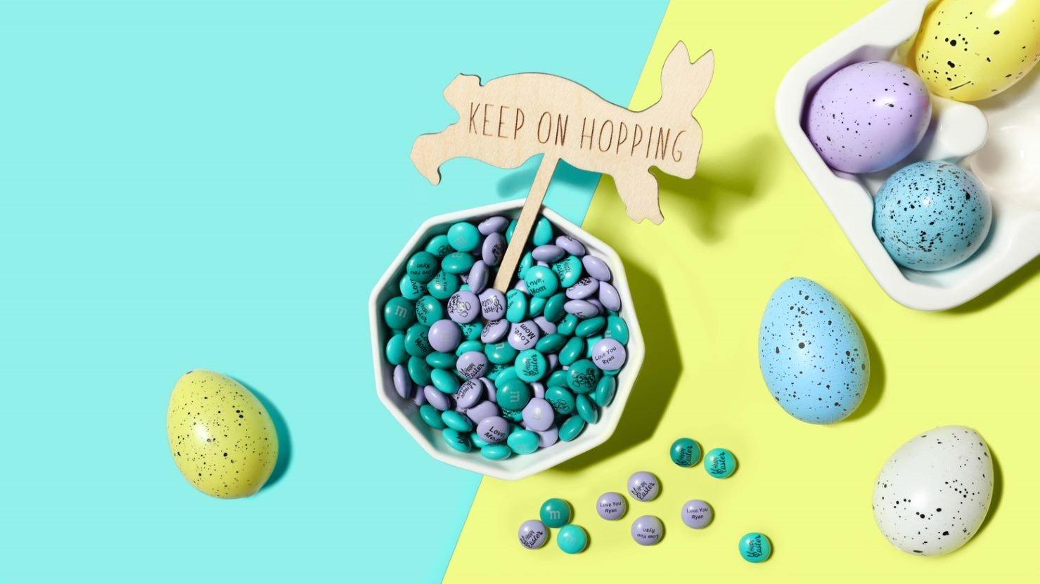 easter eggs with a bowl filled with personalized M&M'S