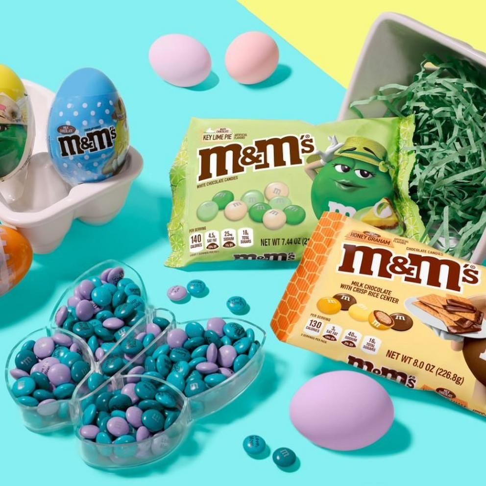 bowl of M&M'S with decorated eggs around it.