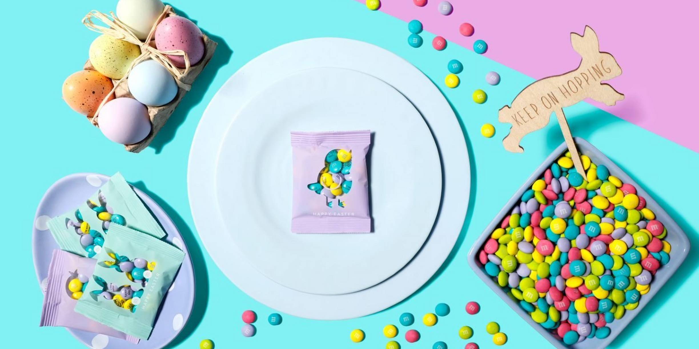 flat lay of M&M'S filled butterfly gift boxes and easter eggs